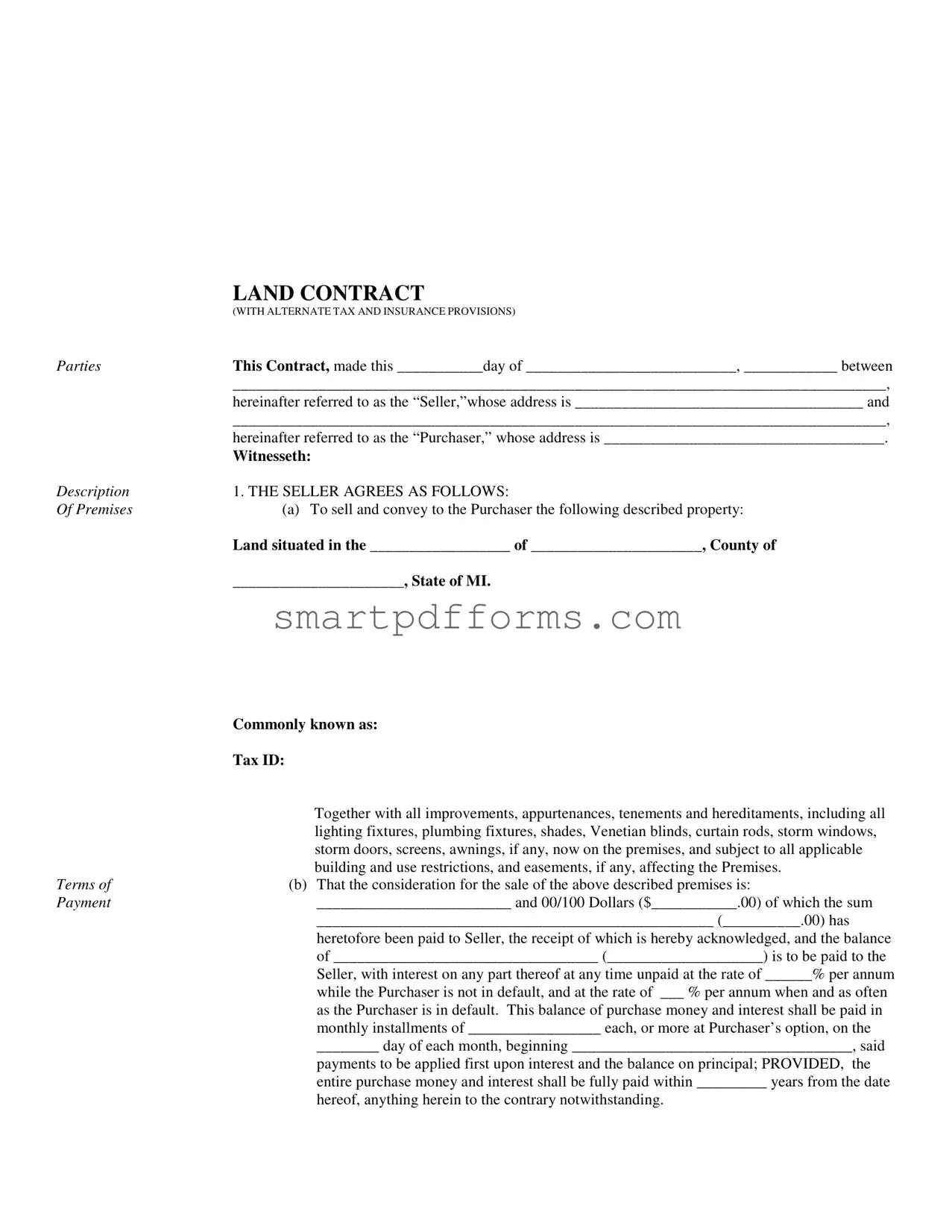 Blank Indiana Land Contract Example PDF Template