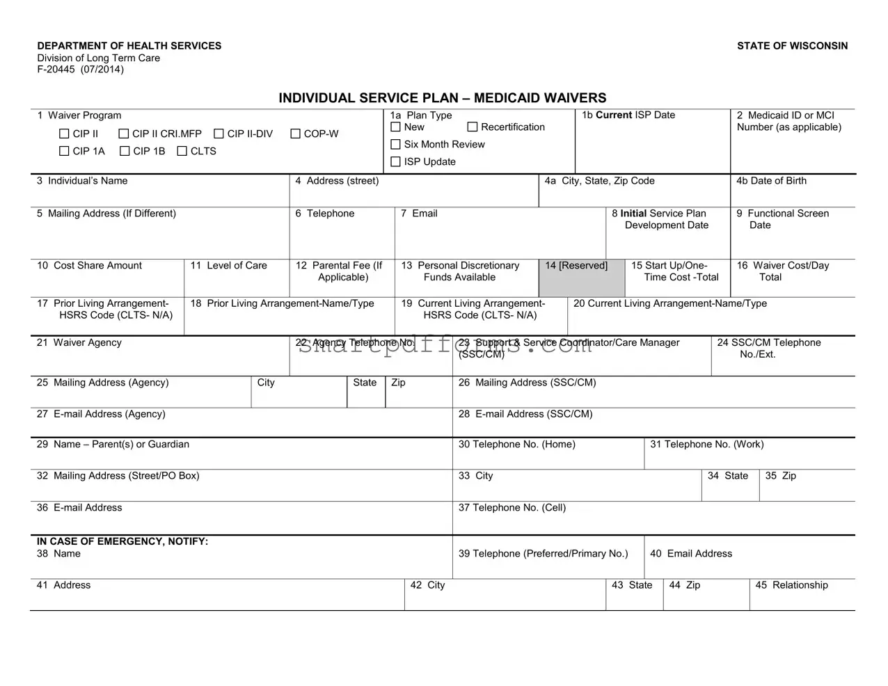 Blank Individual Service Plan Wisconsin PDF Template