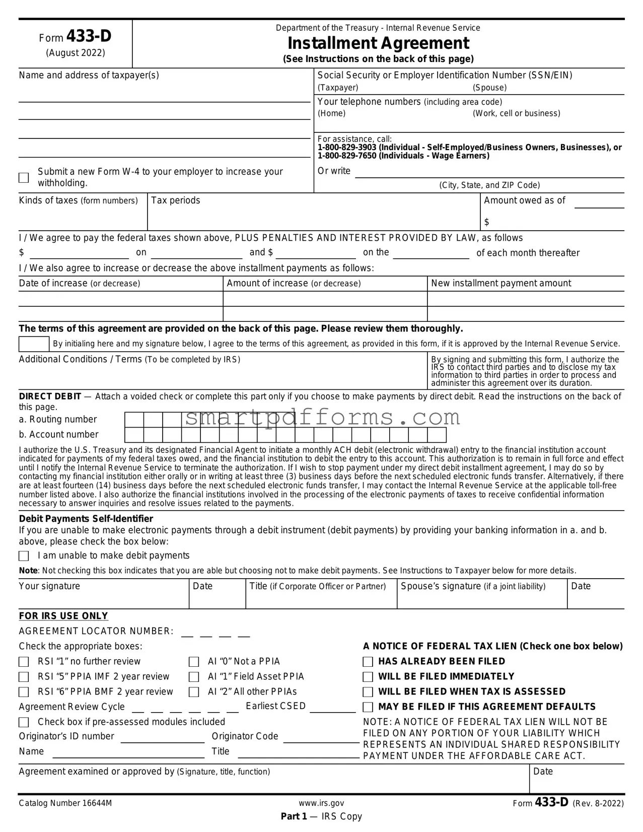 Blank IRS 433-D PDF Template