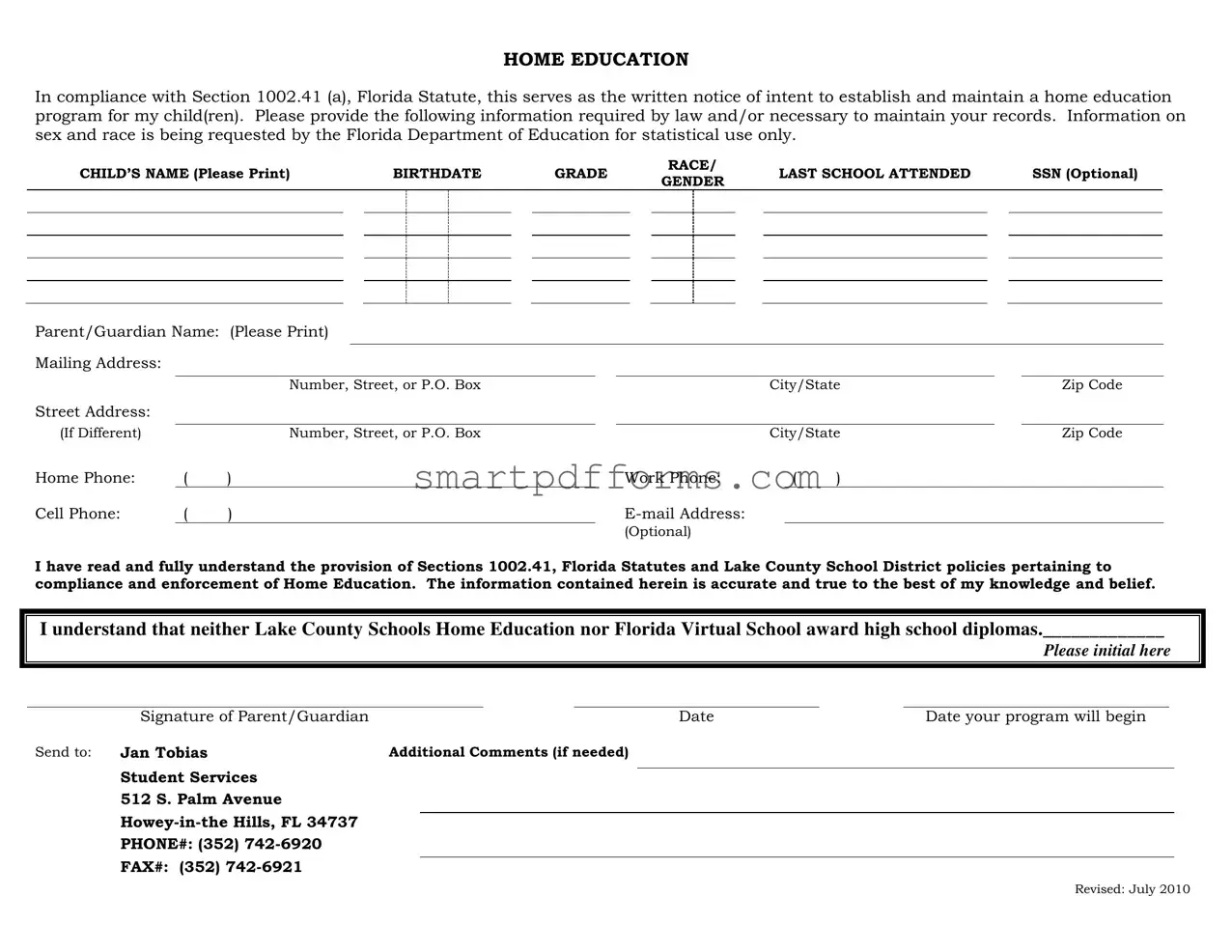 Blank Intent To Homeschool Florida PDF Template