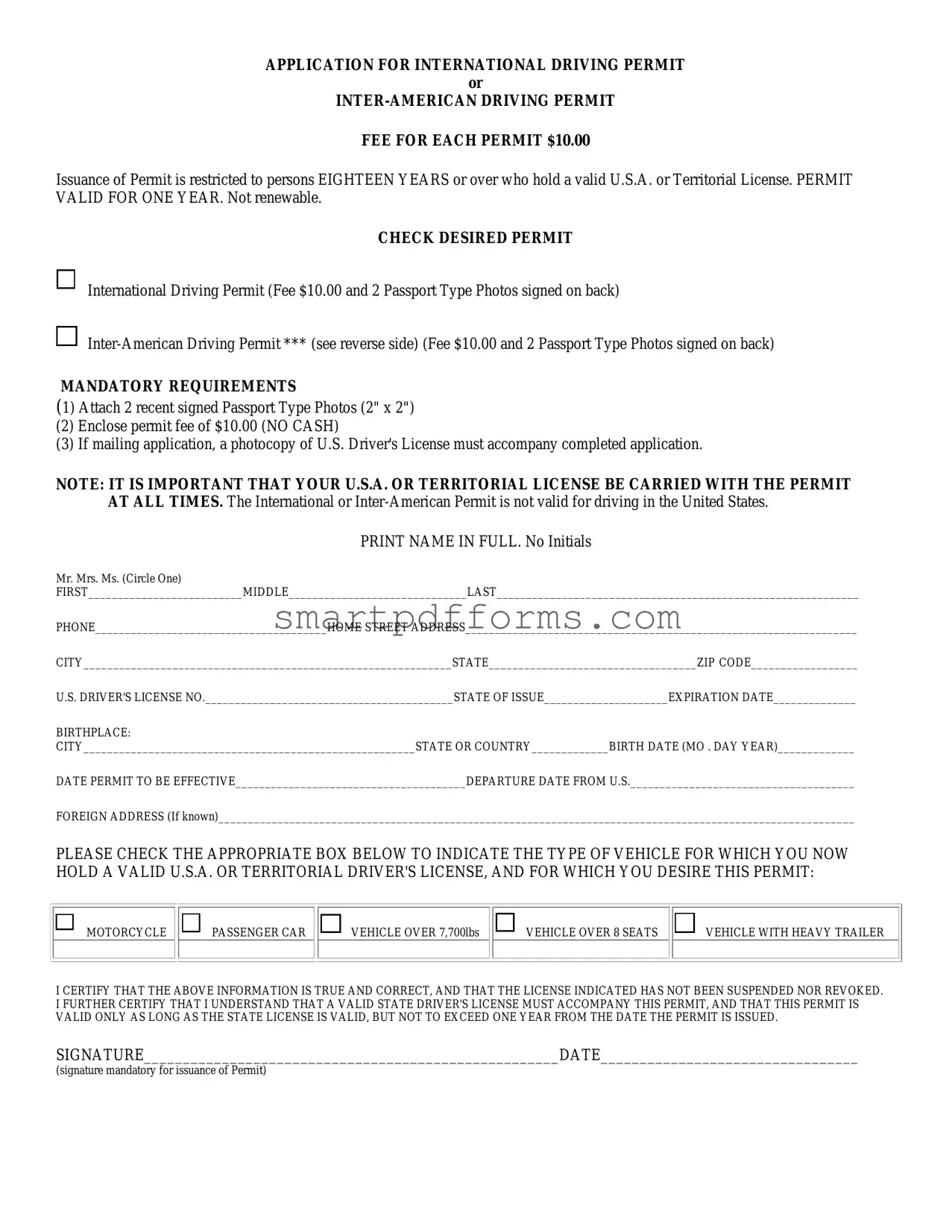 Blank International Driving Permit Application PDF Template