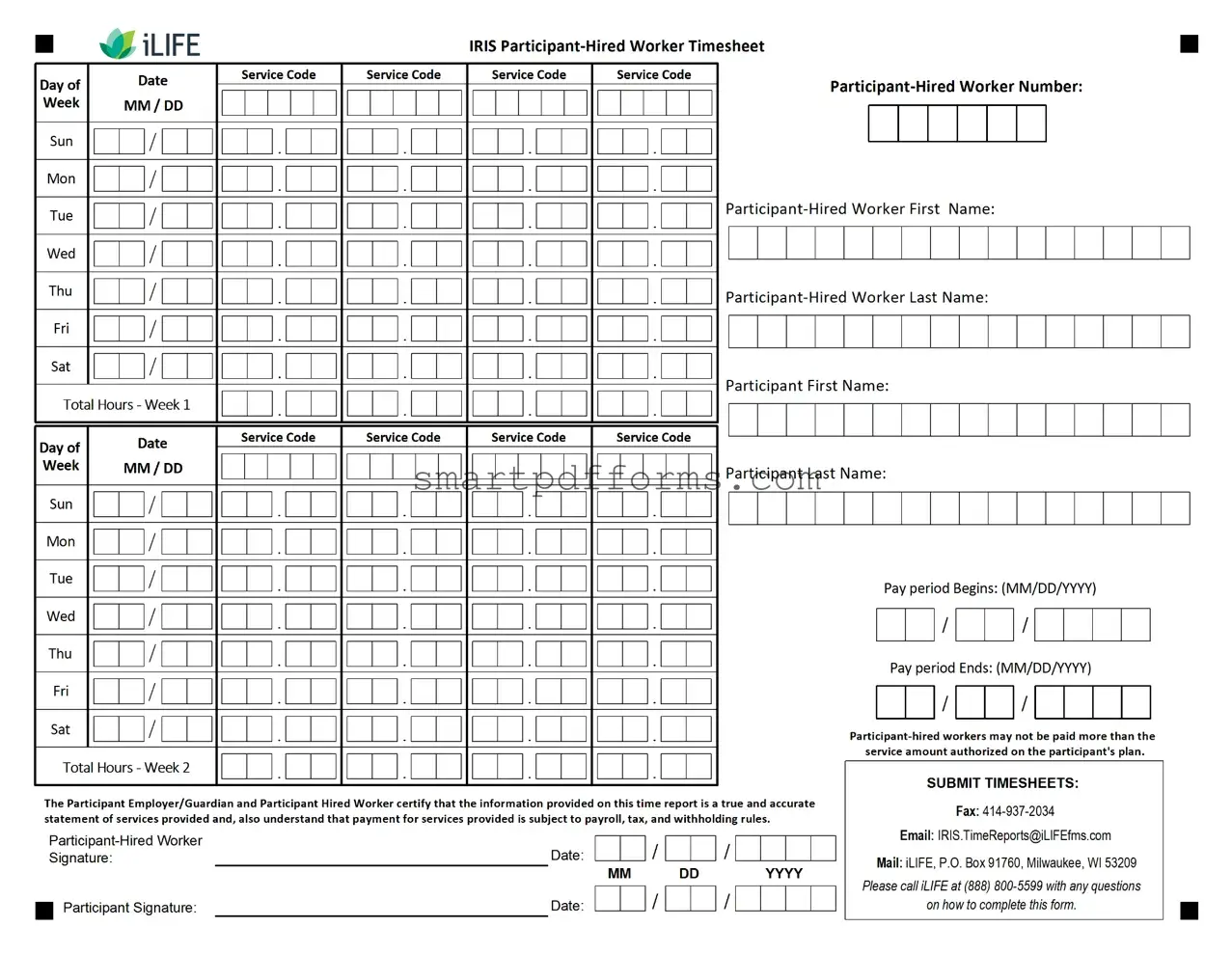Blank Iris Worker Timesheet PDF Template