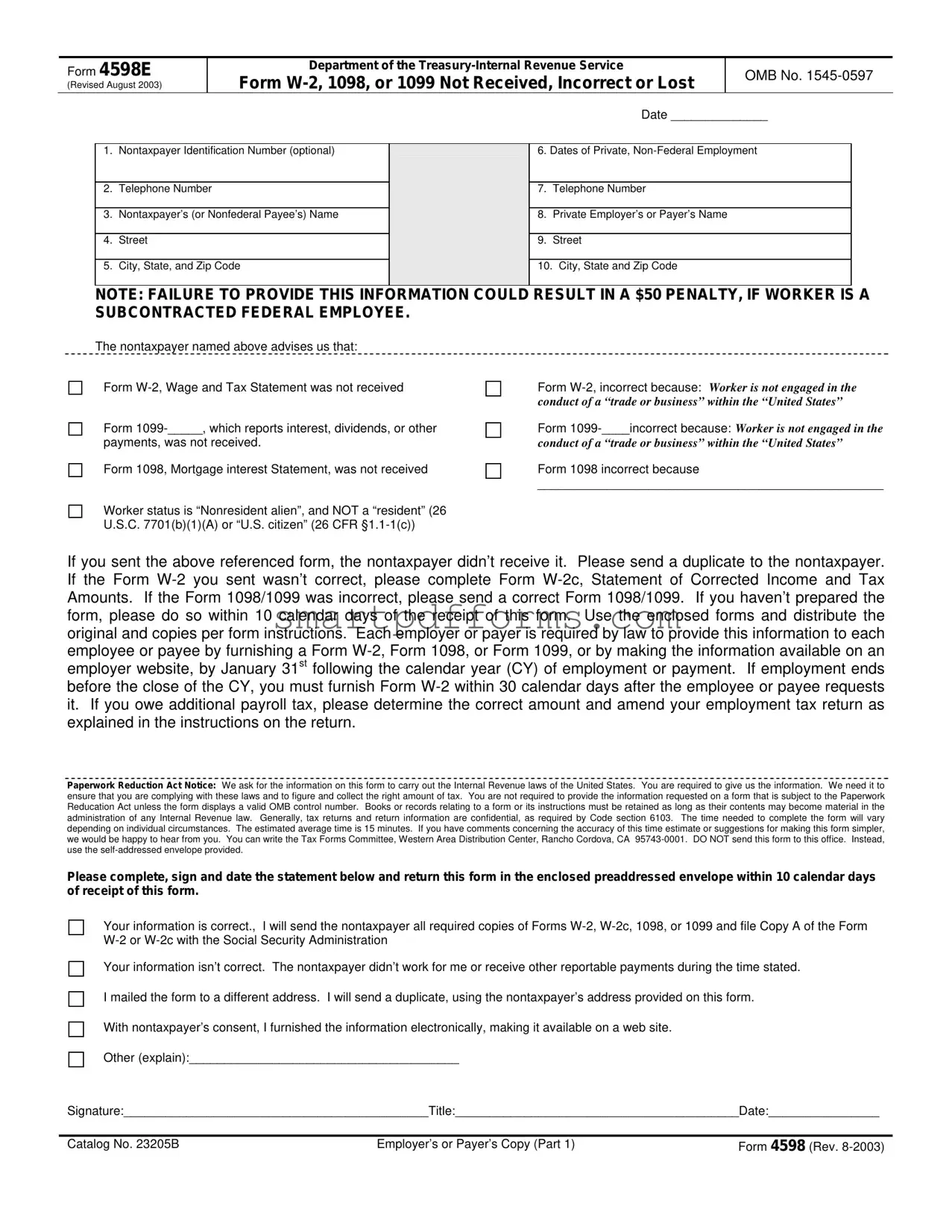 Blank Irs 4598 Instructions PDF Template