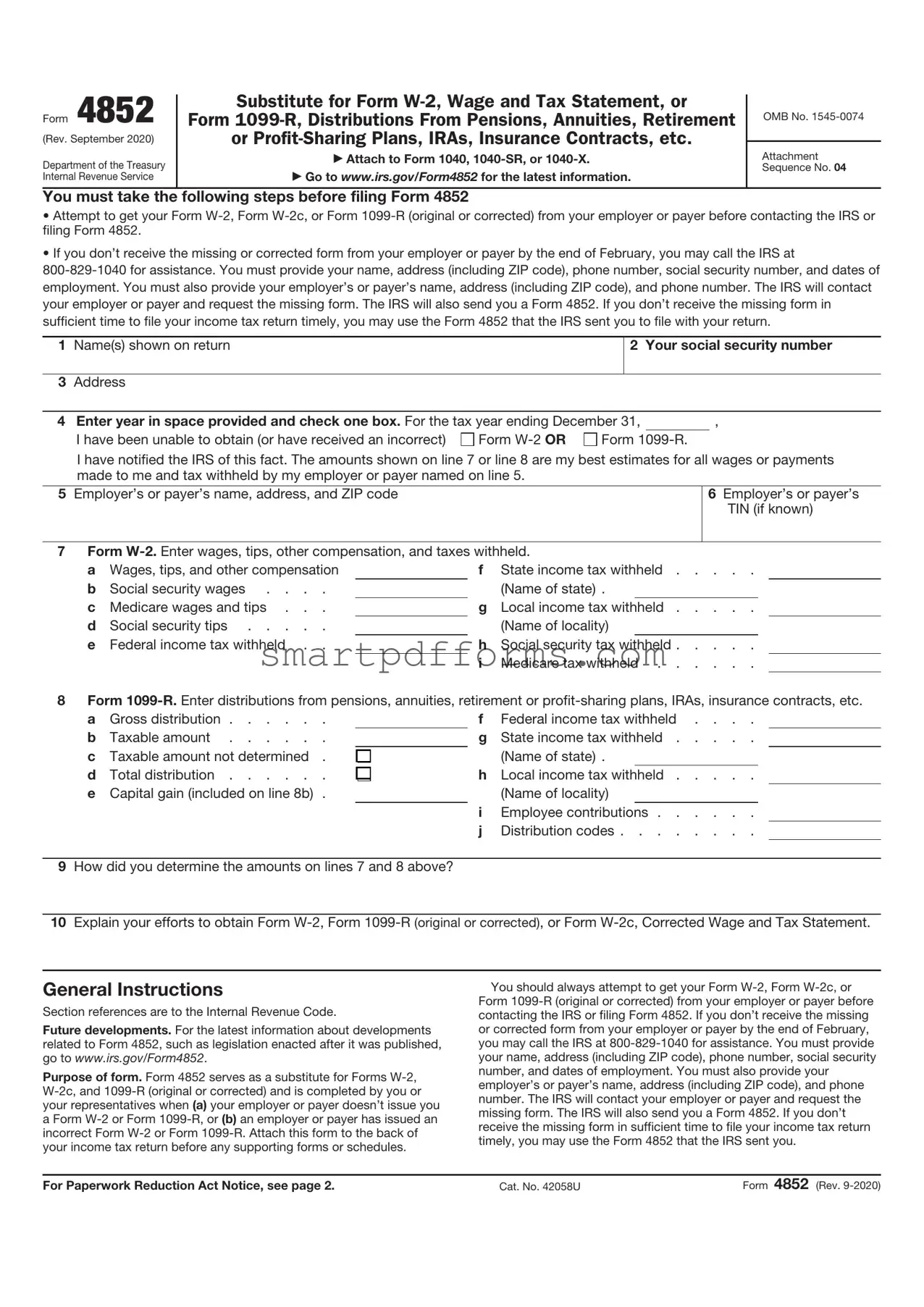 Blank IRS 4852 PDF Template