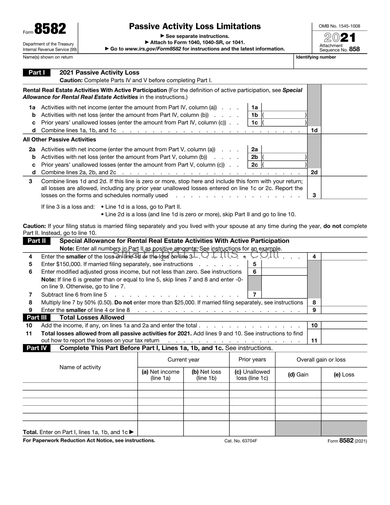 Blank IRS 8582 PDF Template