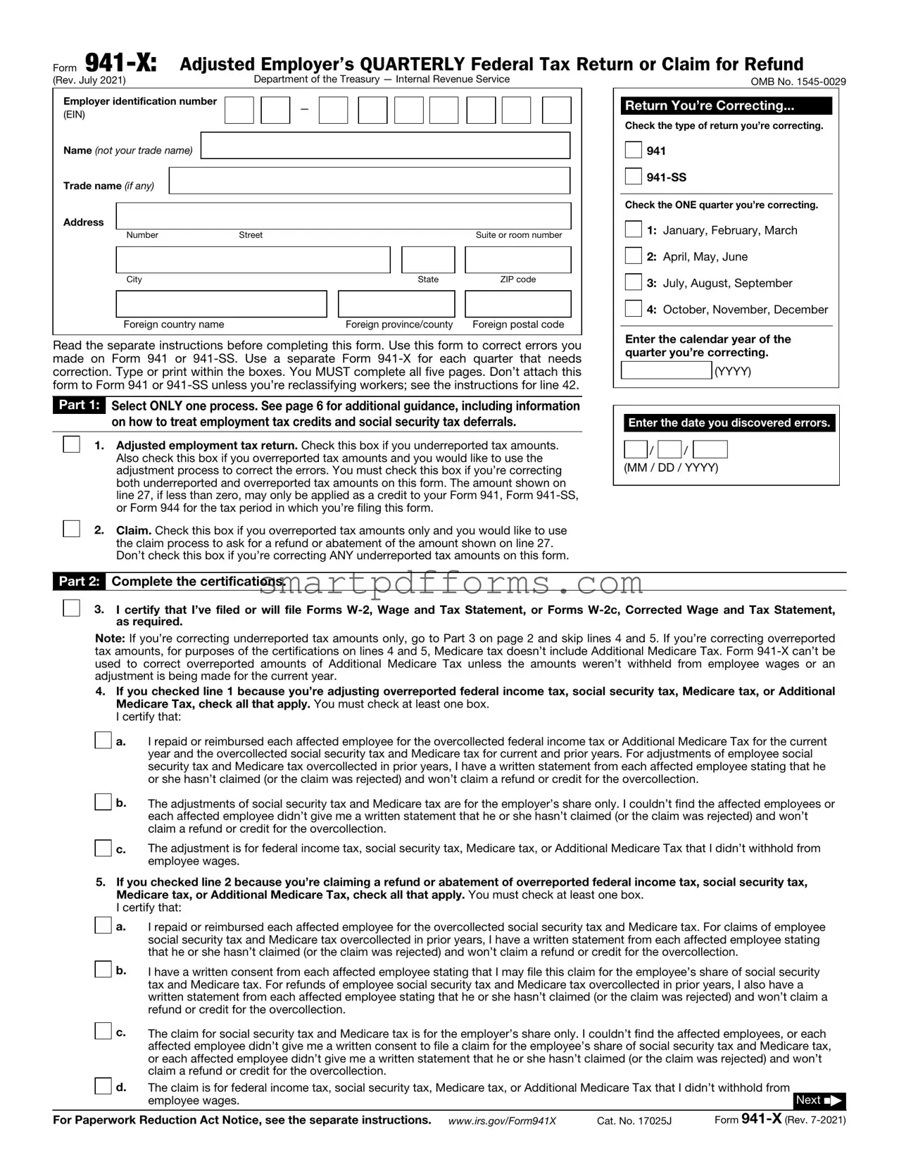 Blank IRS 941-X PDF Template