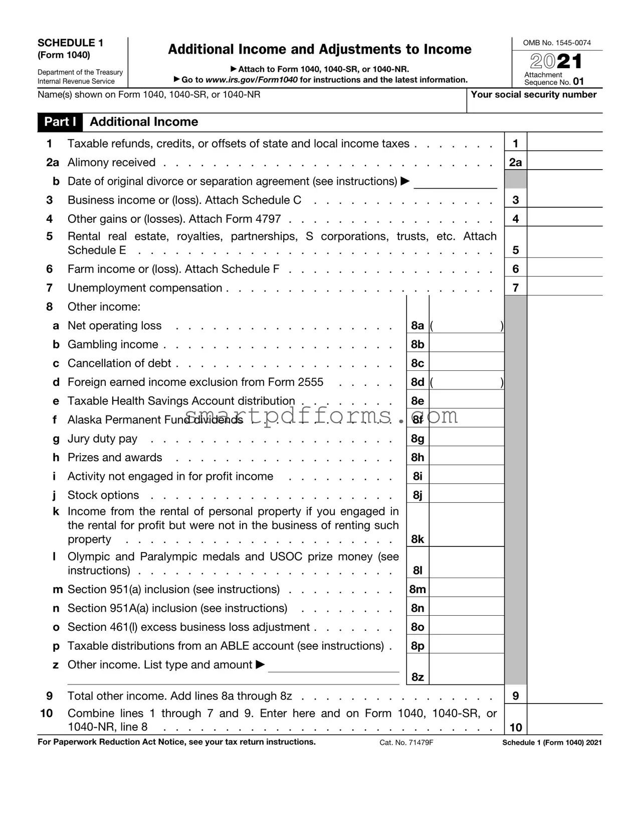 Blank IRS Schedule 1 1040 or 1040-SR PDF Template