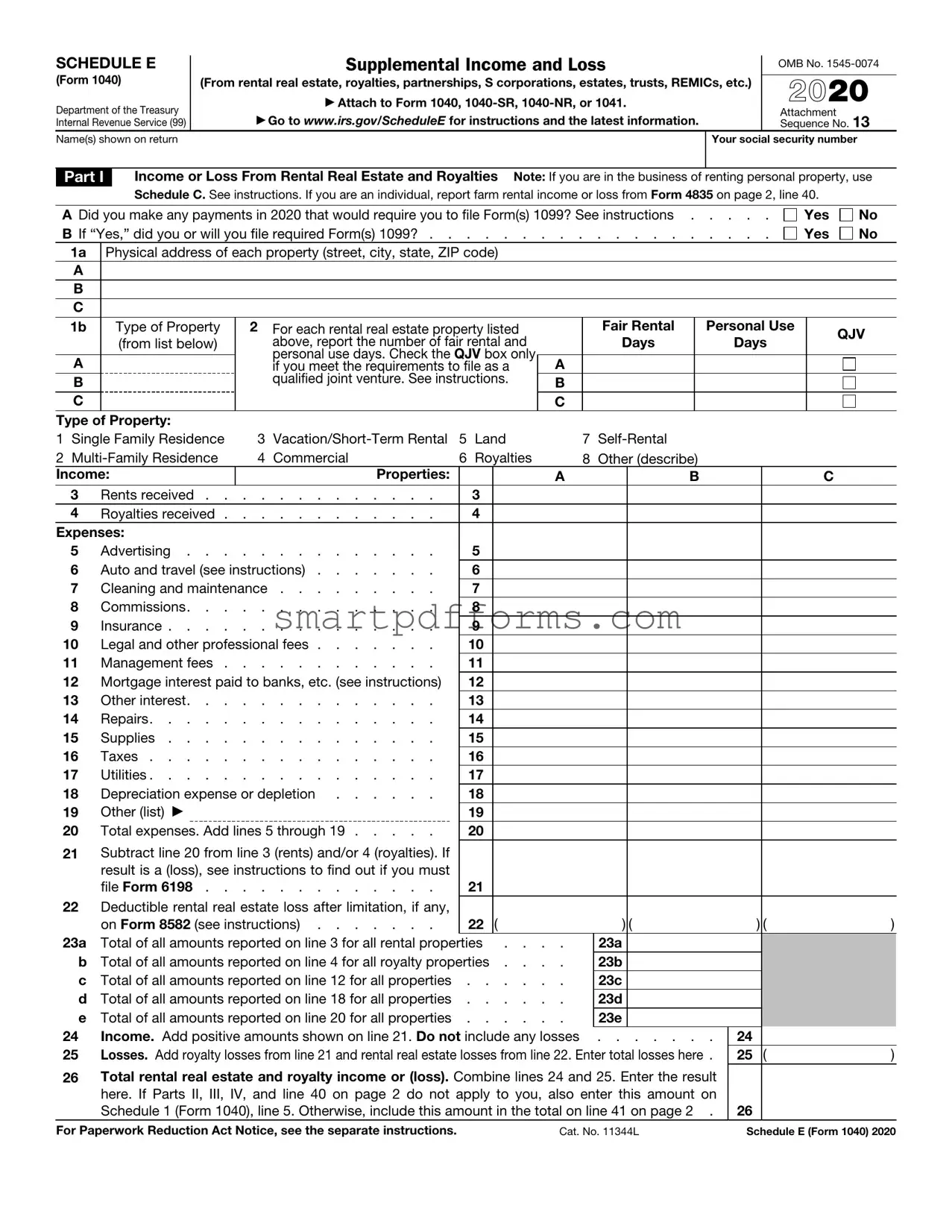 Blank IRS Schedule E 1040 PDF Template