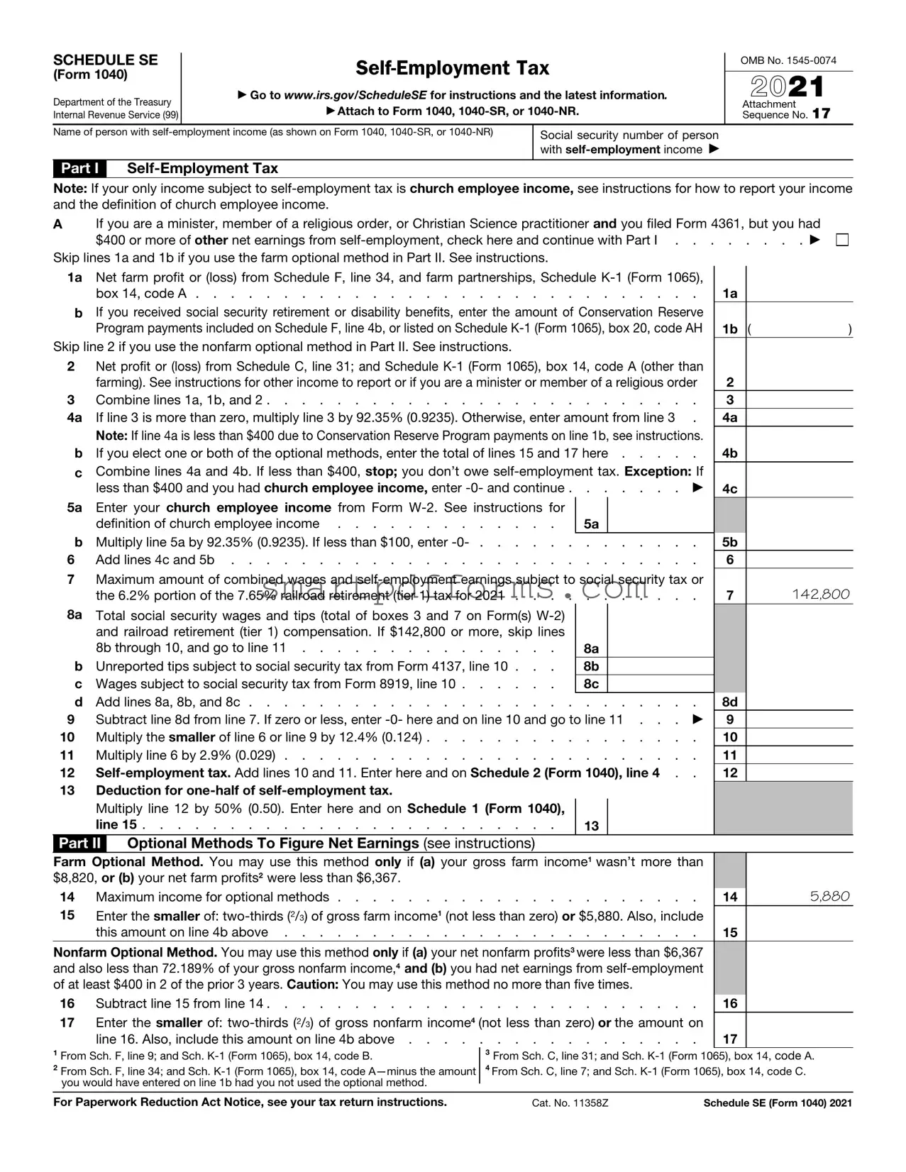 Blank IRS Schedule SE 1040 PDF Template