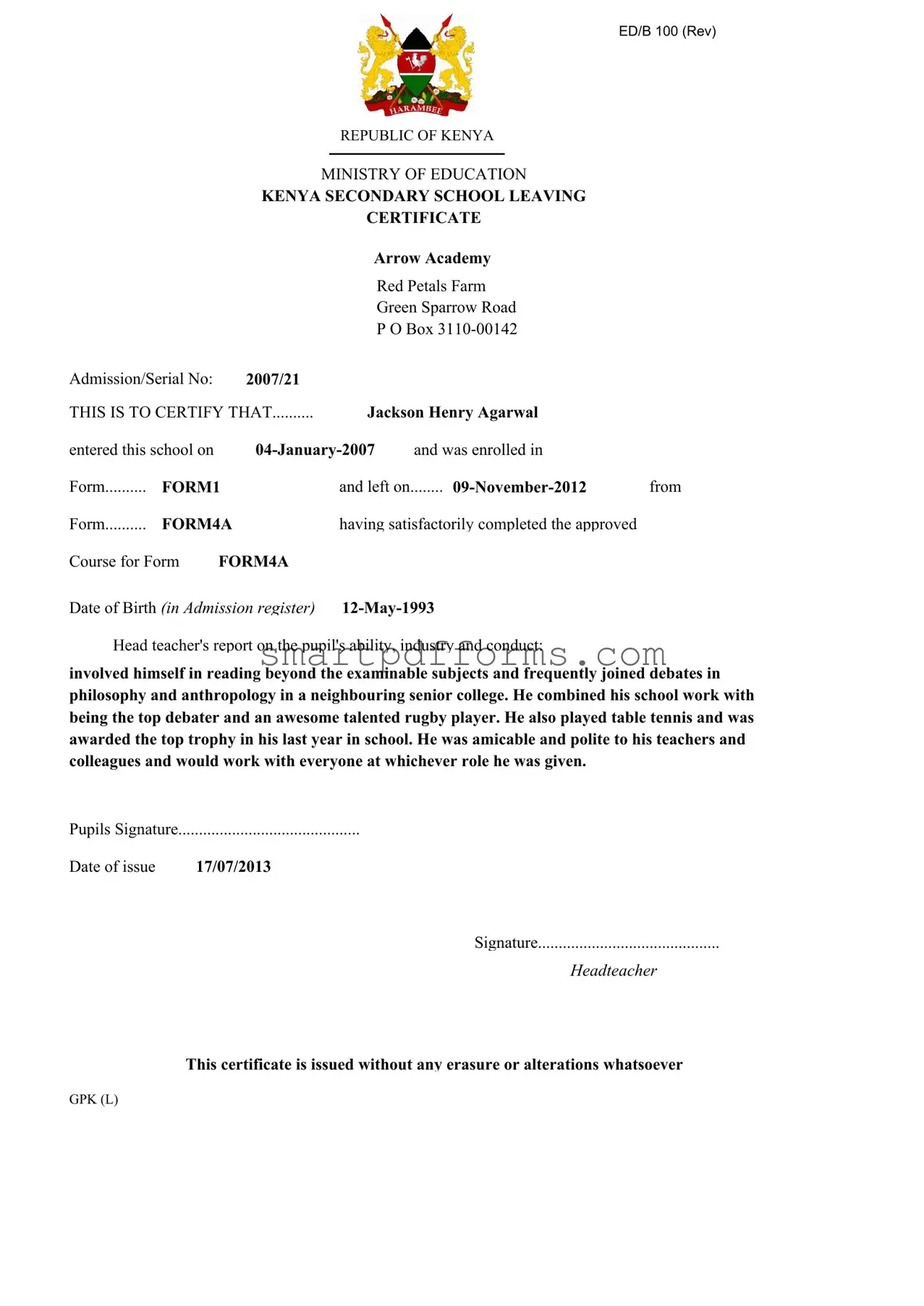 Blank Kcse Leaving Certificate PDF Template
