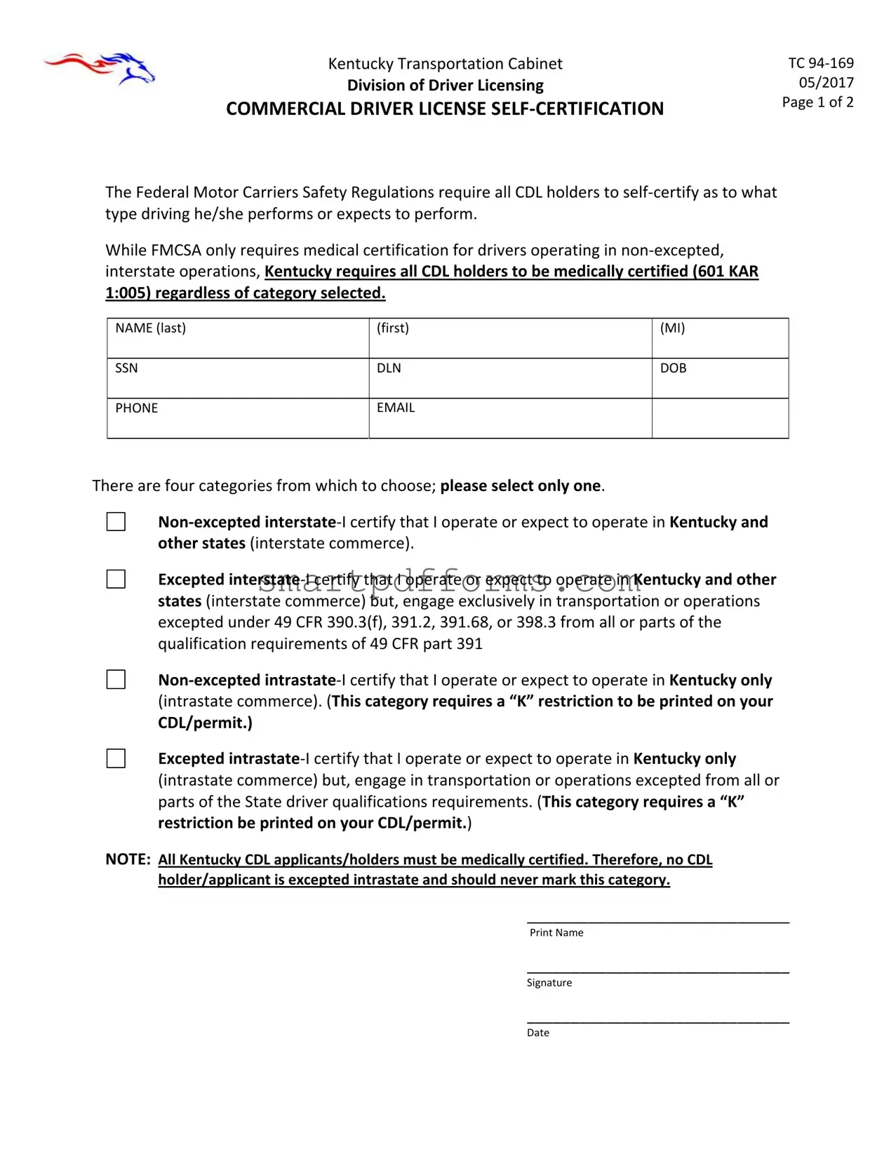 Blank Kentucky Cdl Self Certification PDF Template