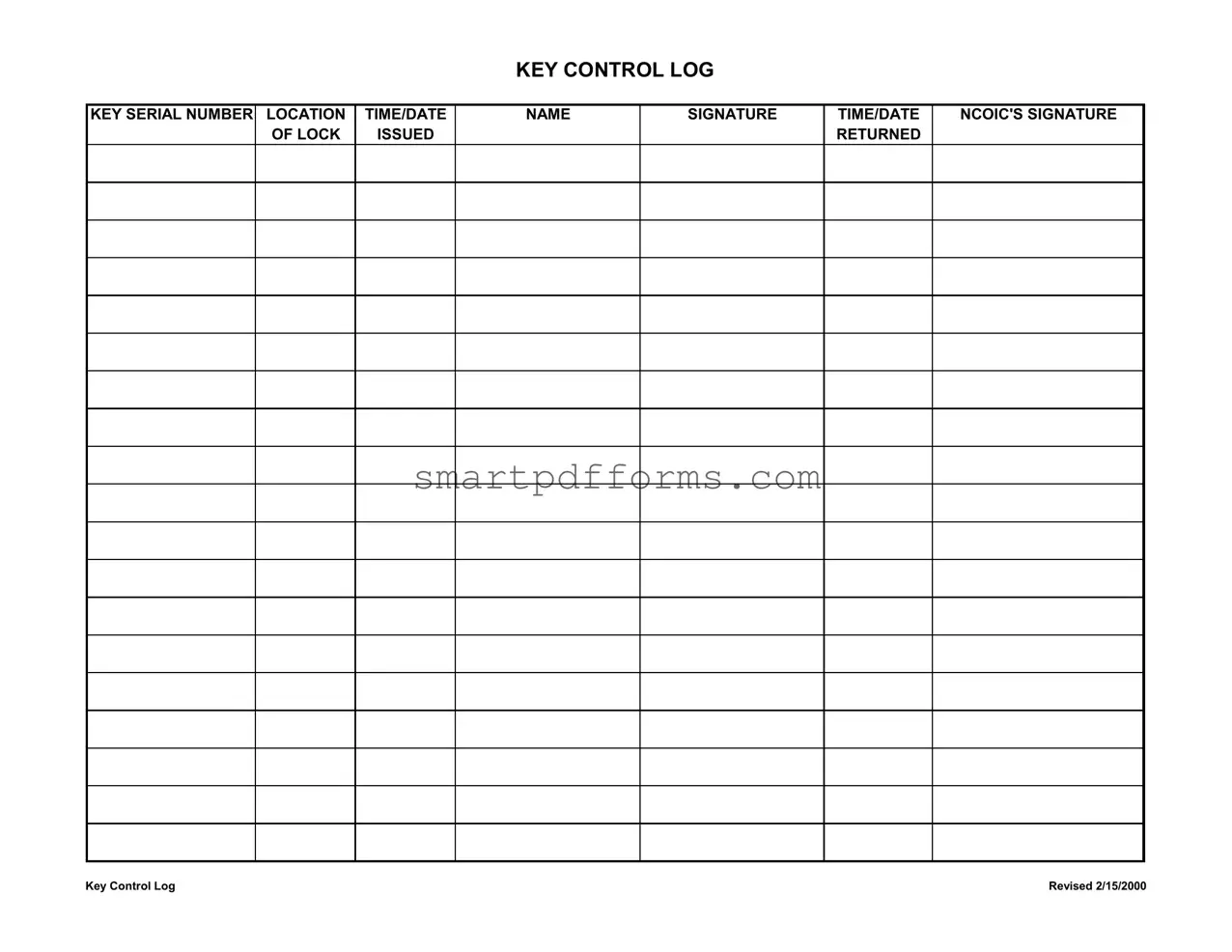 Blank Key Control Log PDF Template