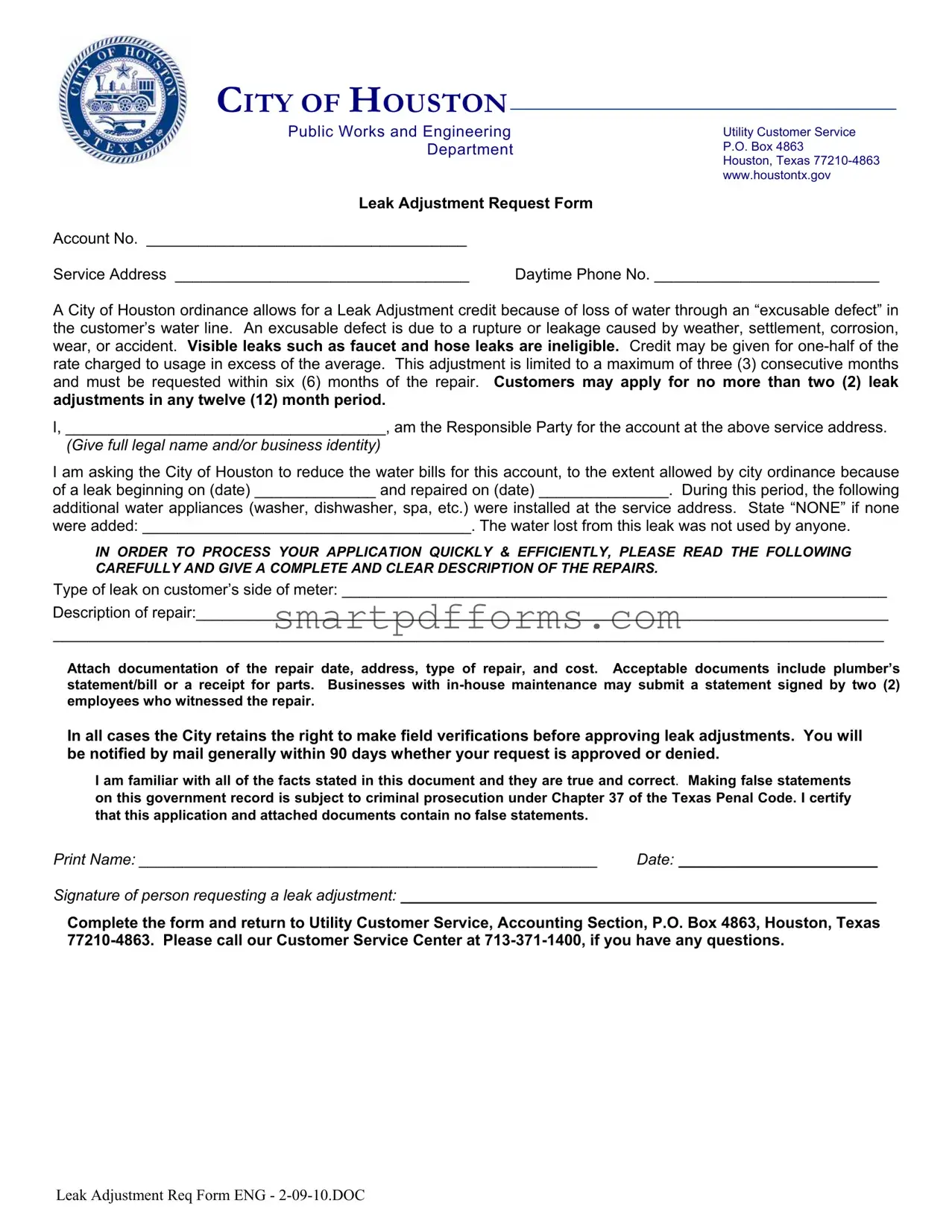 Blank Leak Adjustment PDF Template