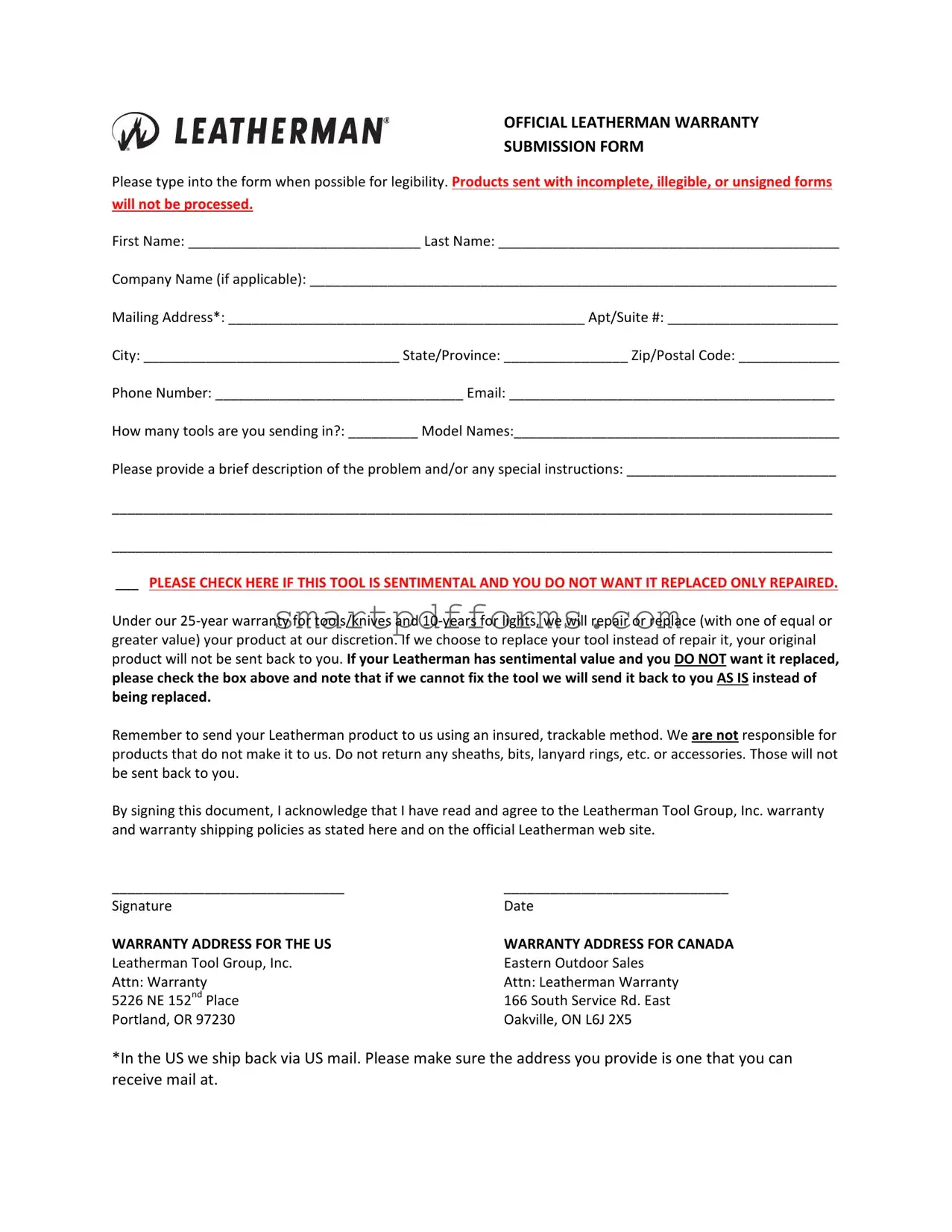 Blank Leatherman Warranty PDF Template