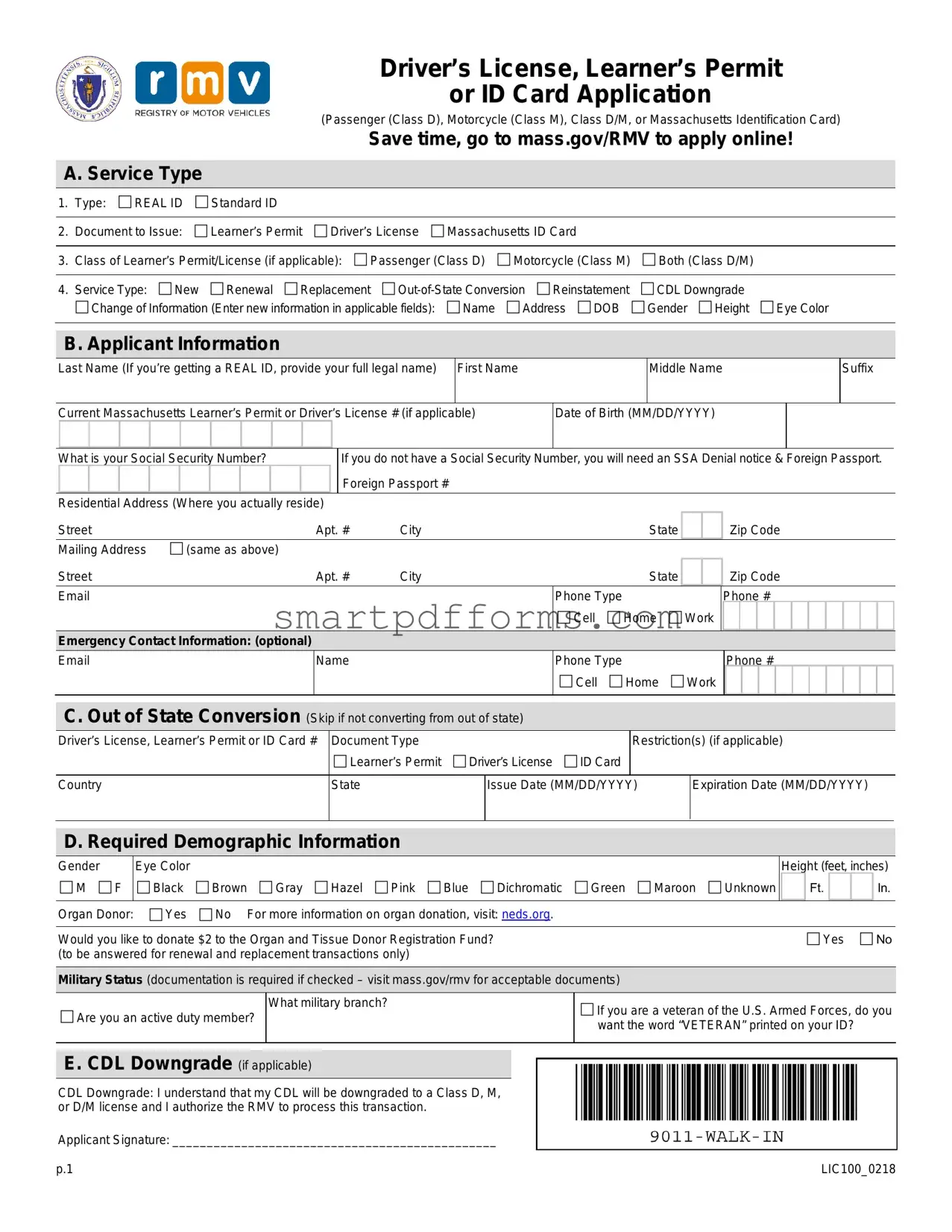 Blank Massachusetts Id Application PDF Template