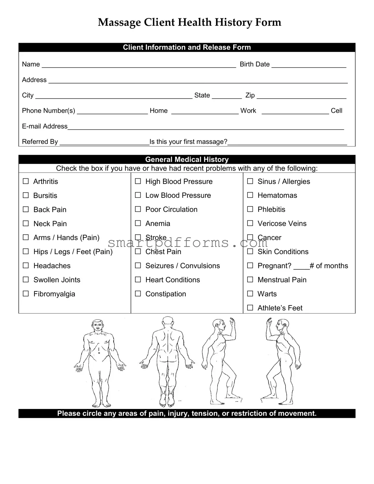 Blank Massage Health History PDF Template