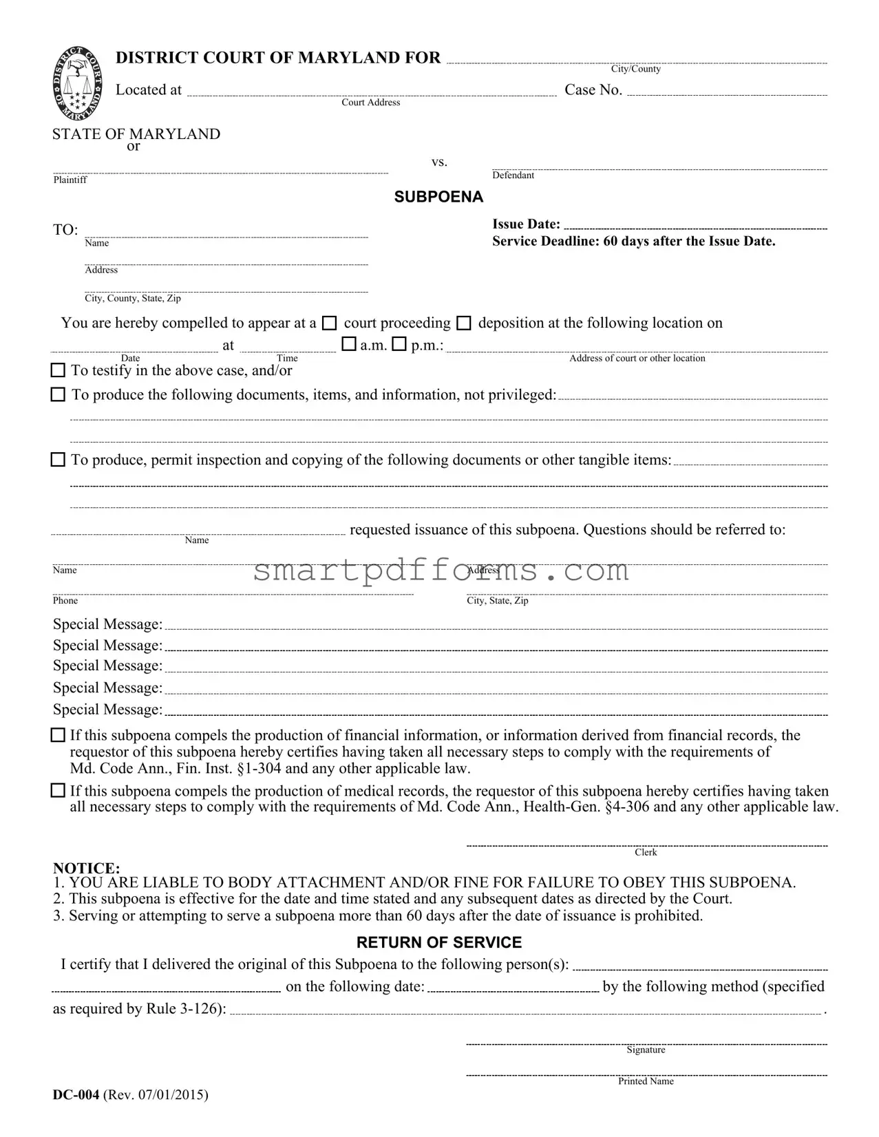 Blank Md Subpoena PDF Template