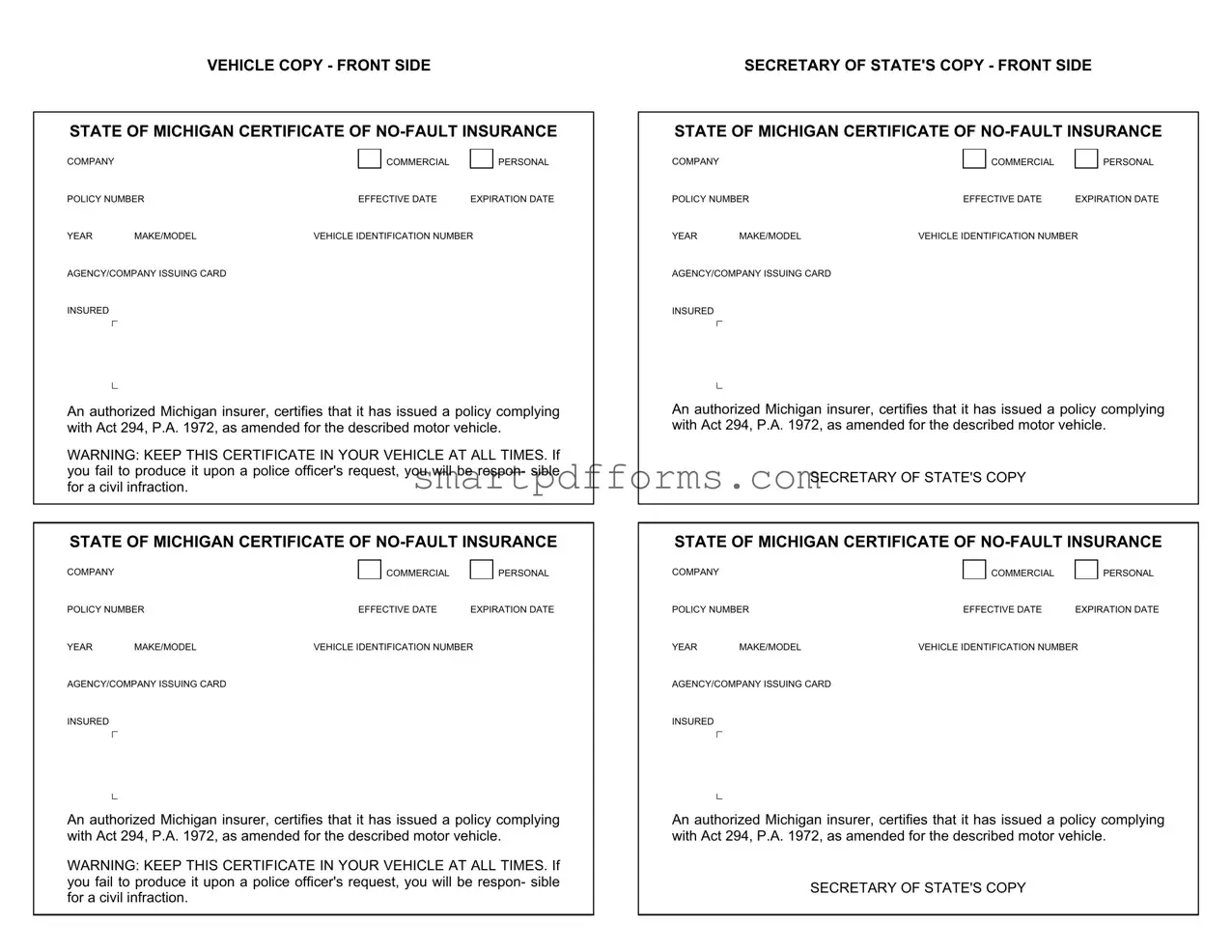Blank Michigan No Fault Insurance PDF Template