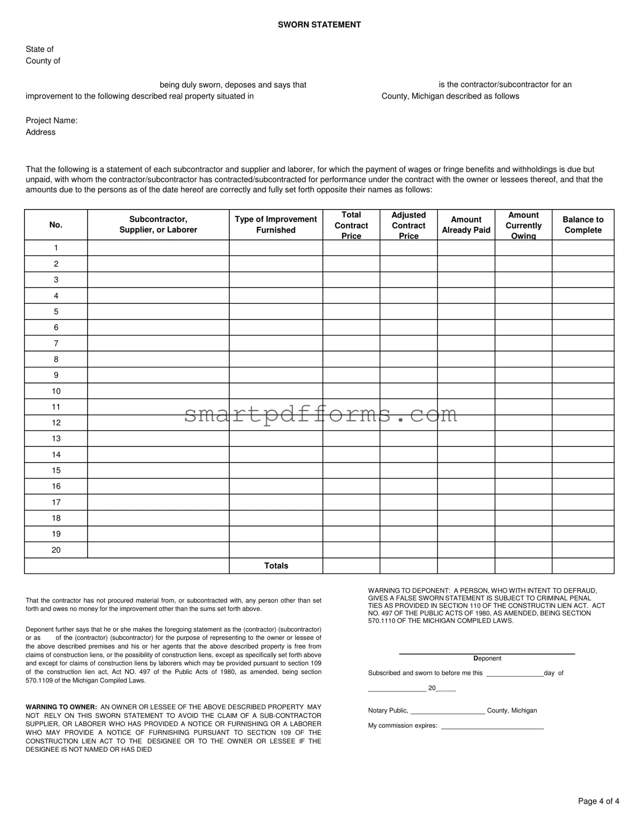 Blank Michigan Sworn PDF Template