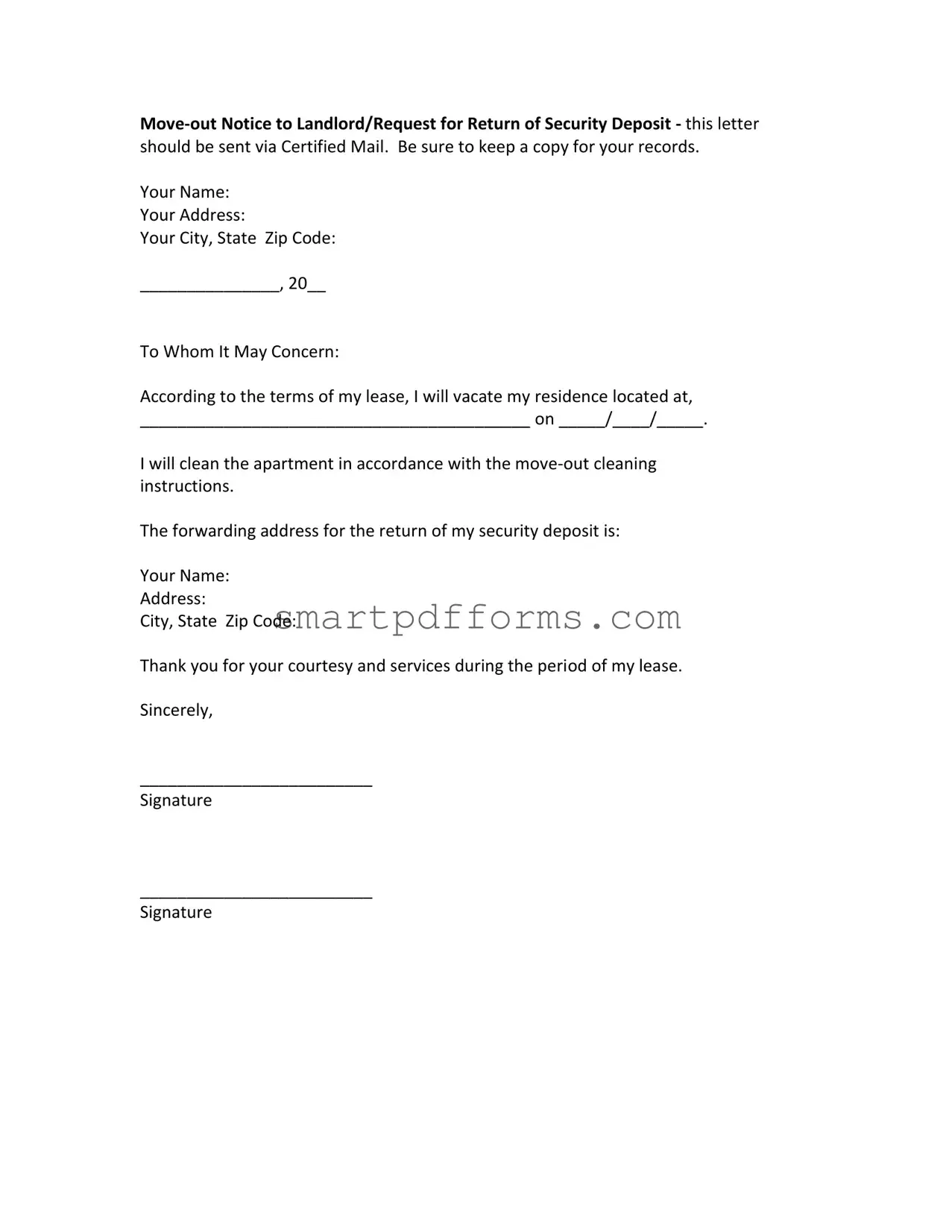 Blank Move Out Notice Letter PDF Template