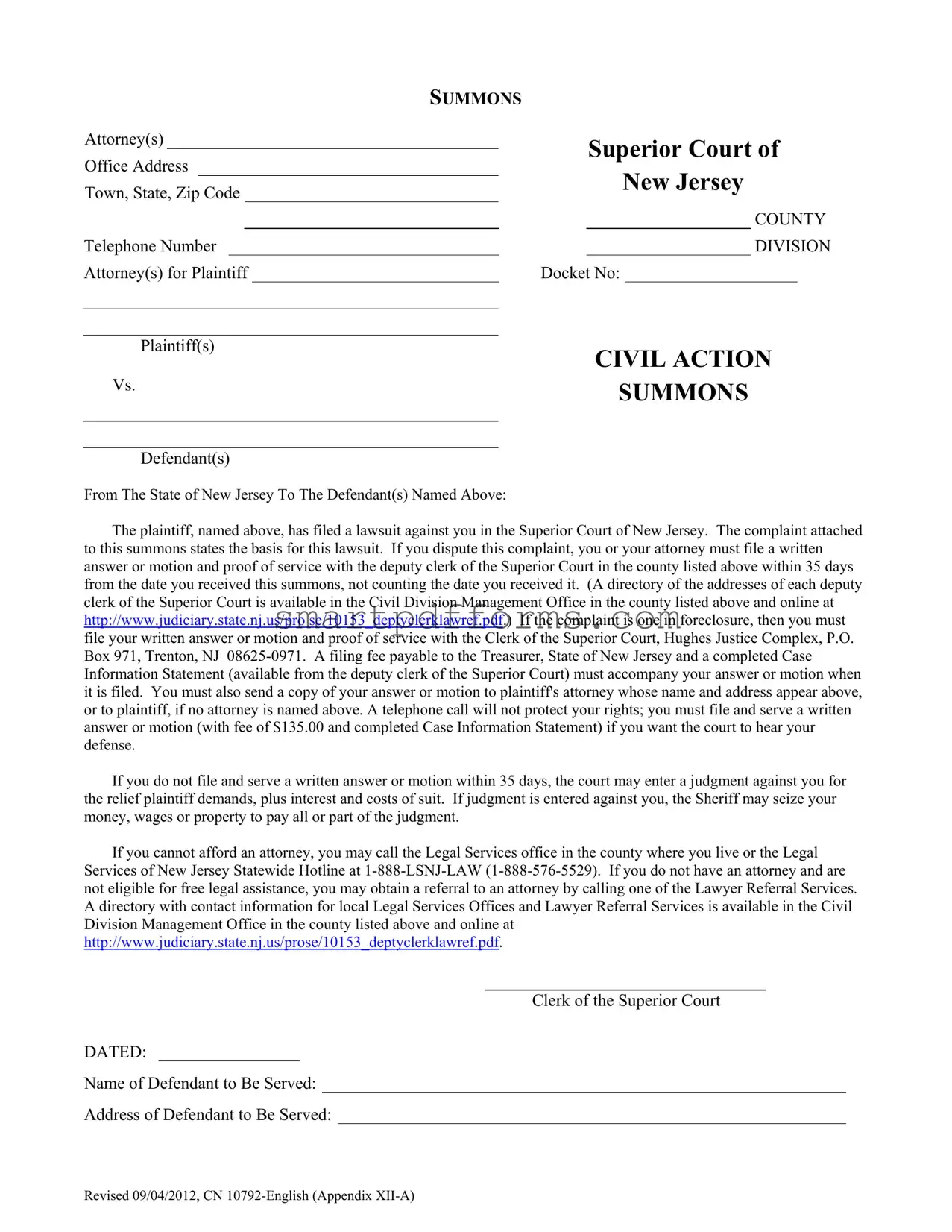 Blank New Jersey Summons PDF Template