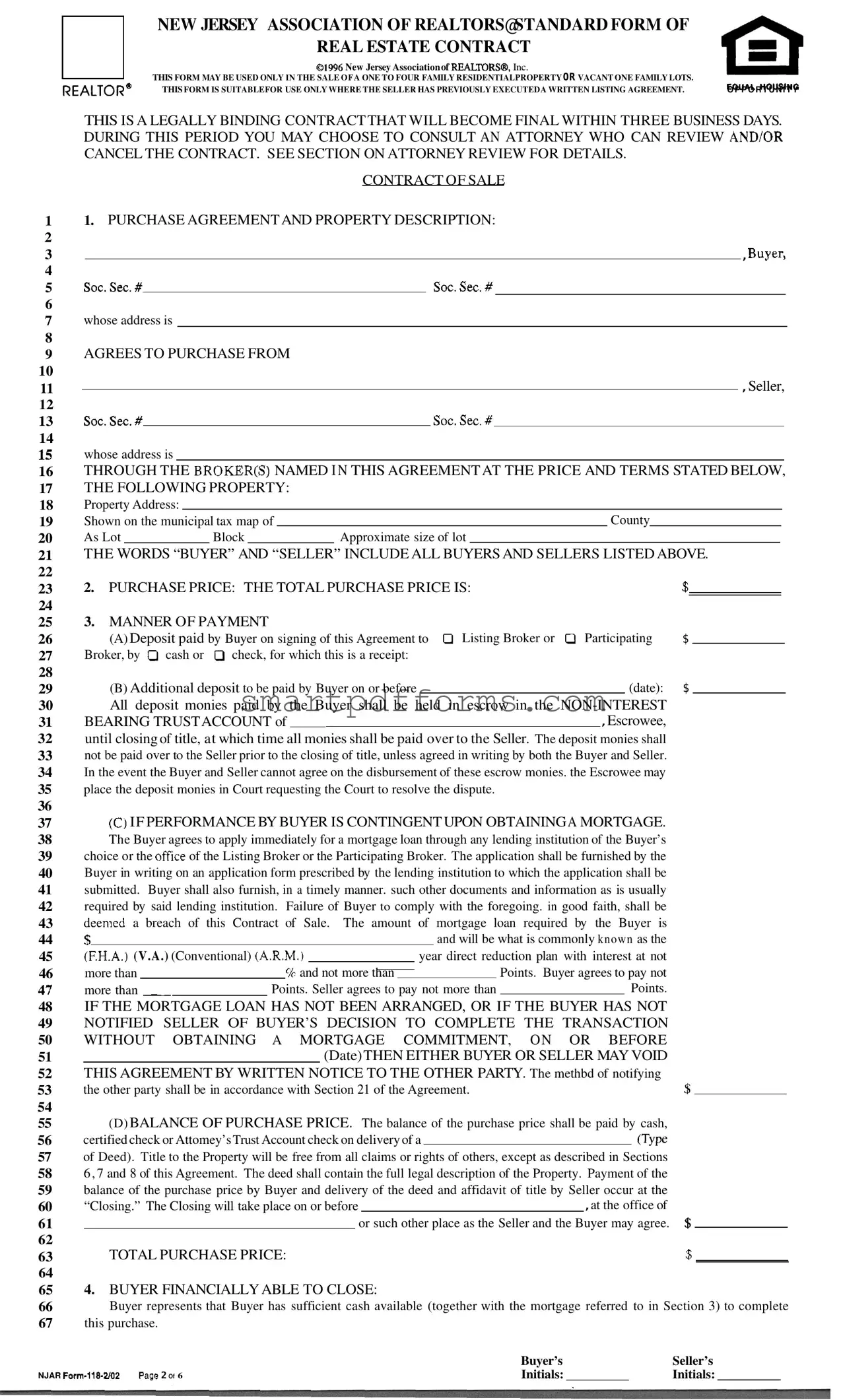 Blank Njar Real Estate Contract PDF Template