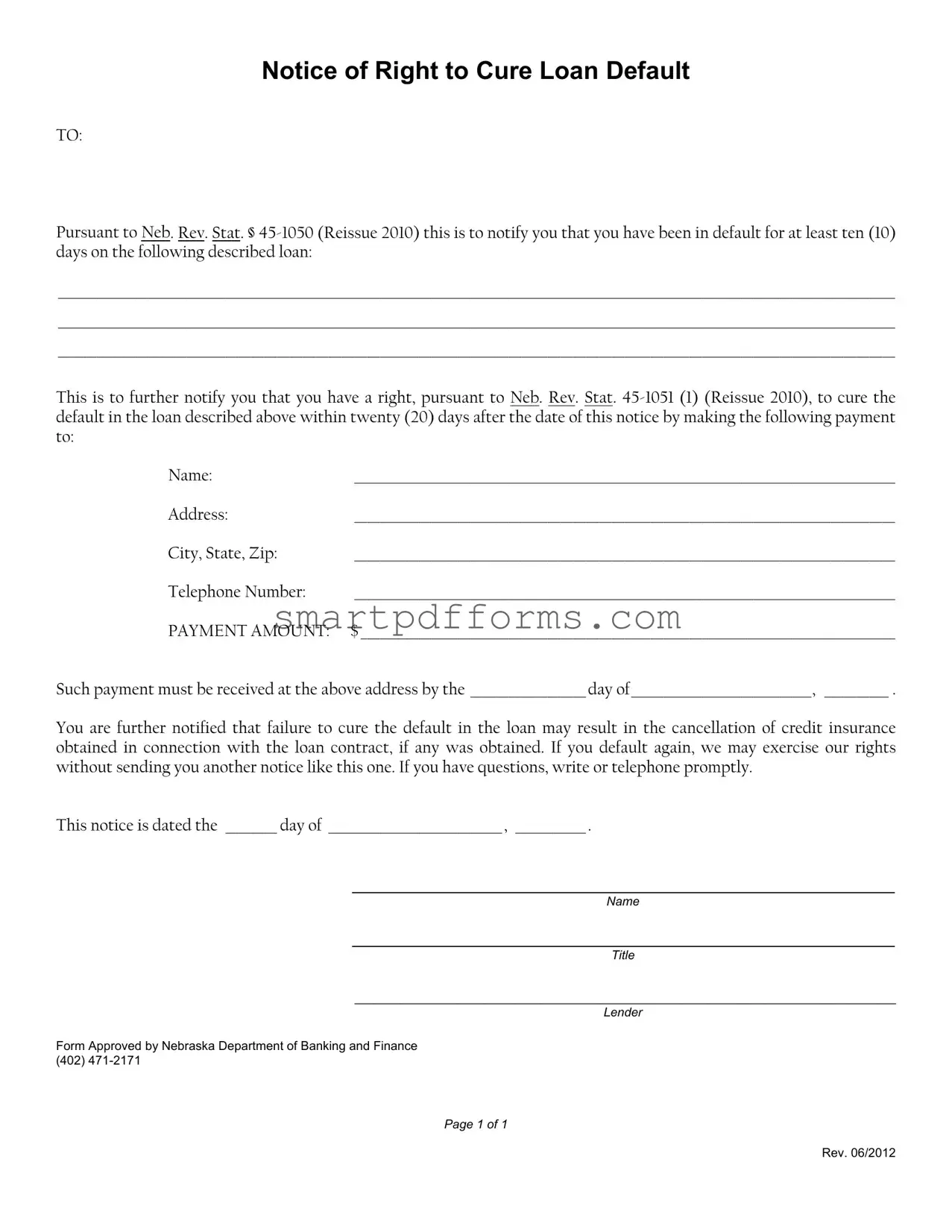 Blank Notice Of Right To Cure Auto Loan Letter PDF Template