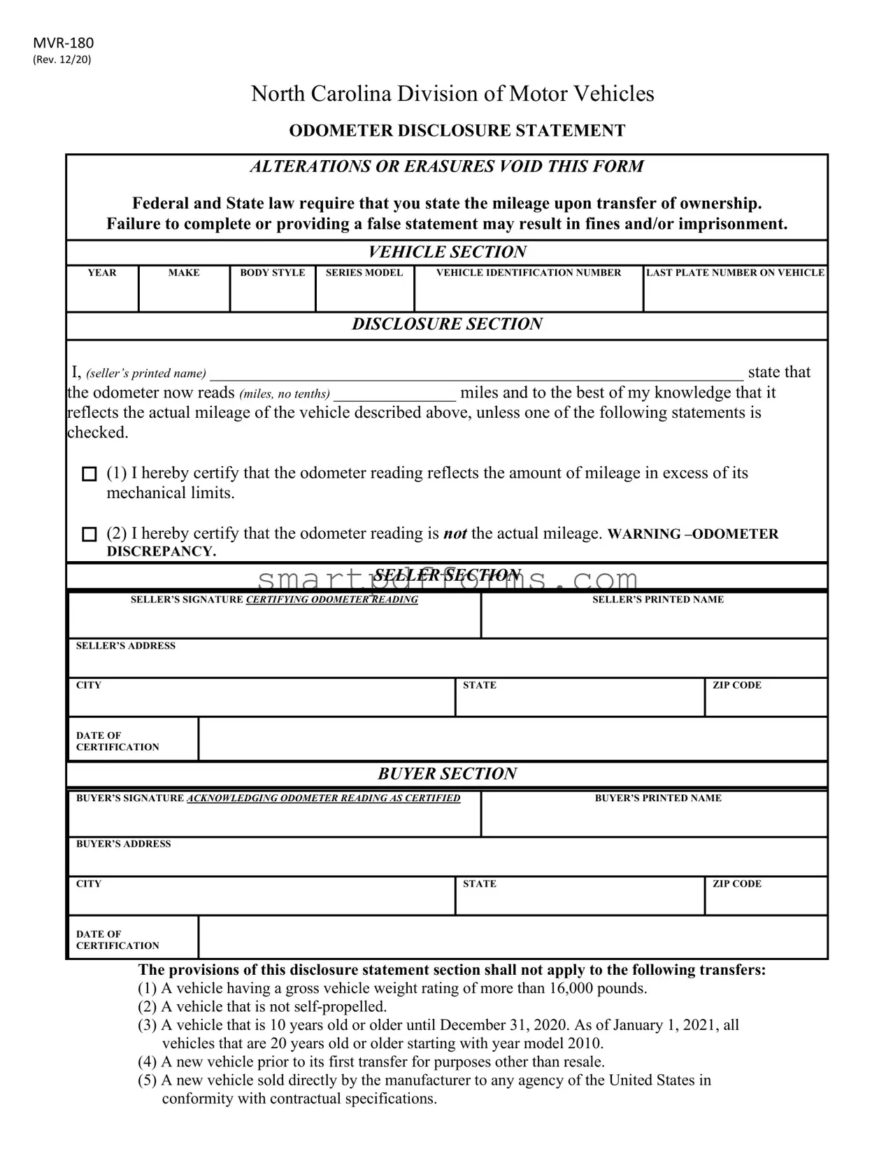 Blank Odometer Statement Mvr 180 PDF Template
