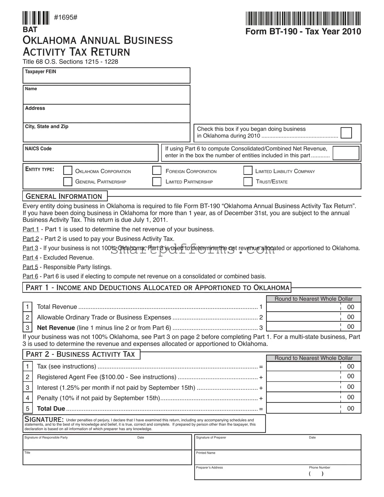 Blank Oklahoma Bt 190 PDF Template