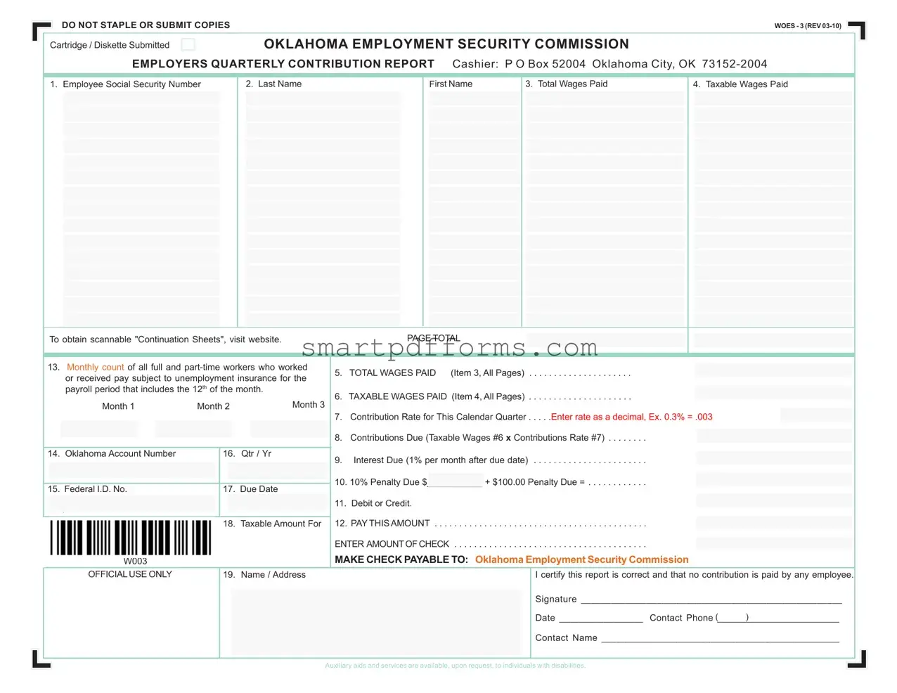 Blank Oklahoma Quarterly Contribution Report PDF Template