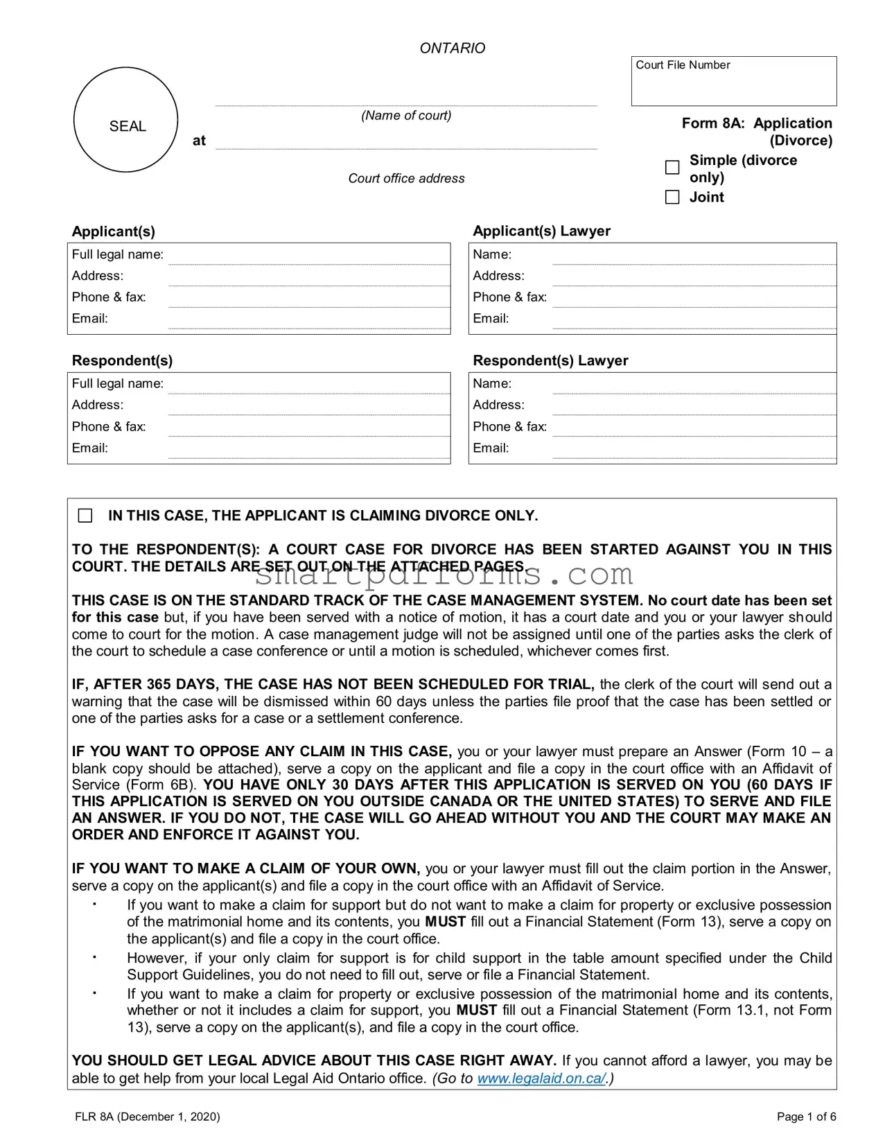 Blank Ontario Divorce 8A PDF Template