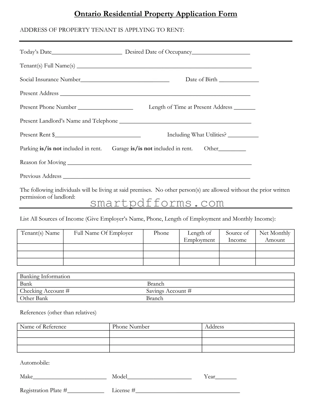 Blank Ontario Residential Property Application PDF Template