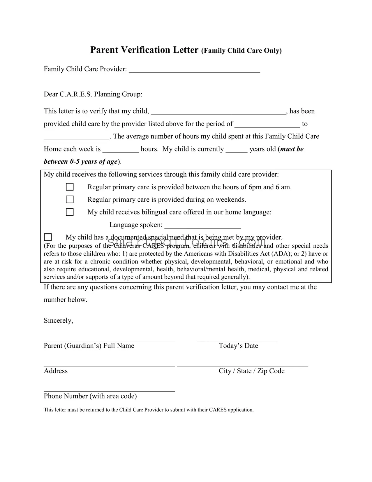 Blank Child Care Payment Letter PDF Template