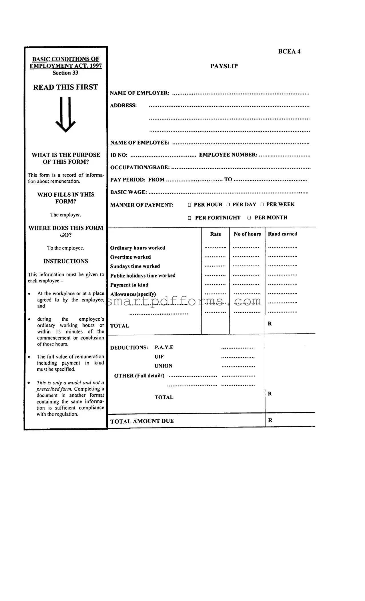 Blank Payslip Bcea4 PDF Template