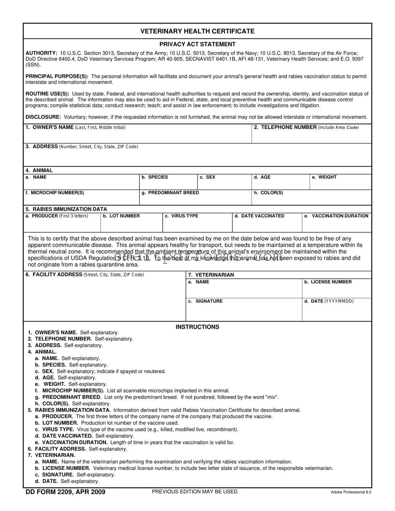 Blank Pet Health Certificate PDF Template