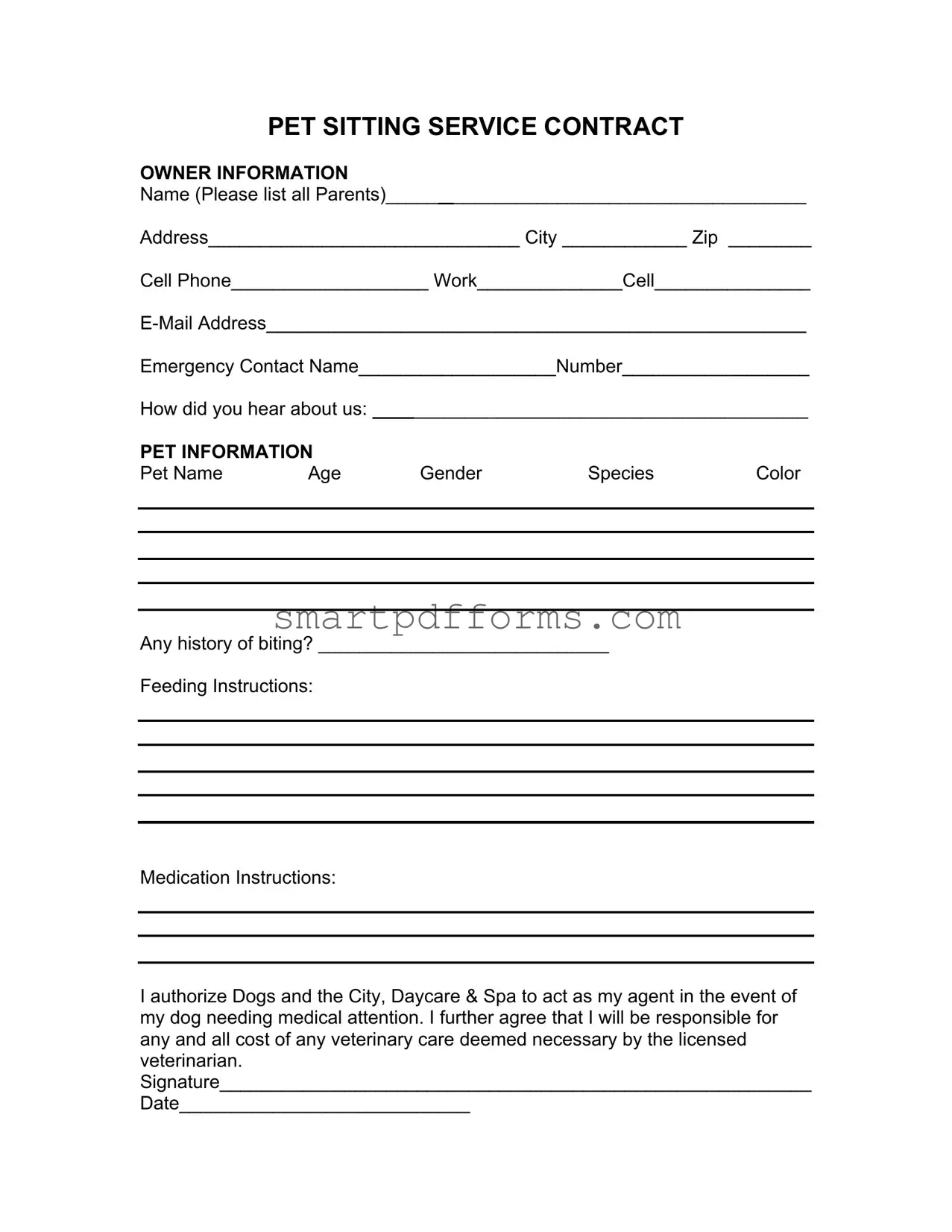 Blank Pet Sitting Contract PDF Template