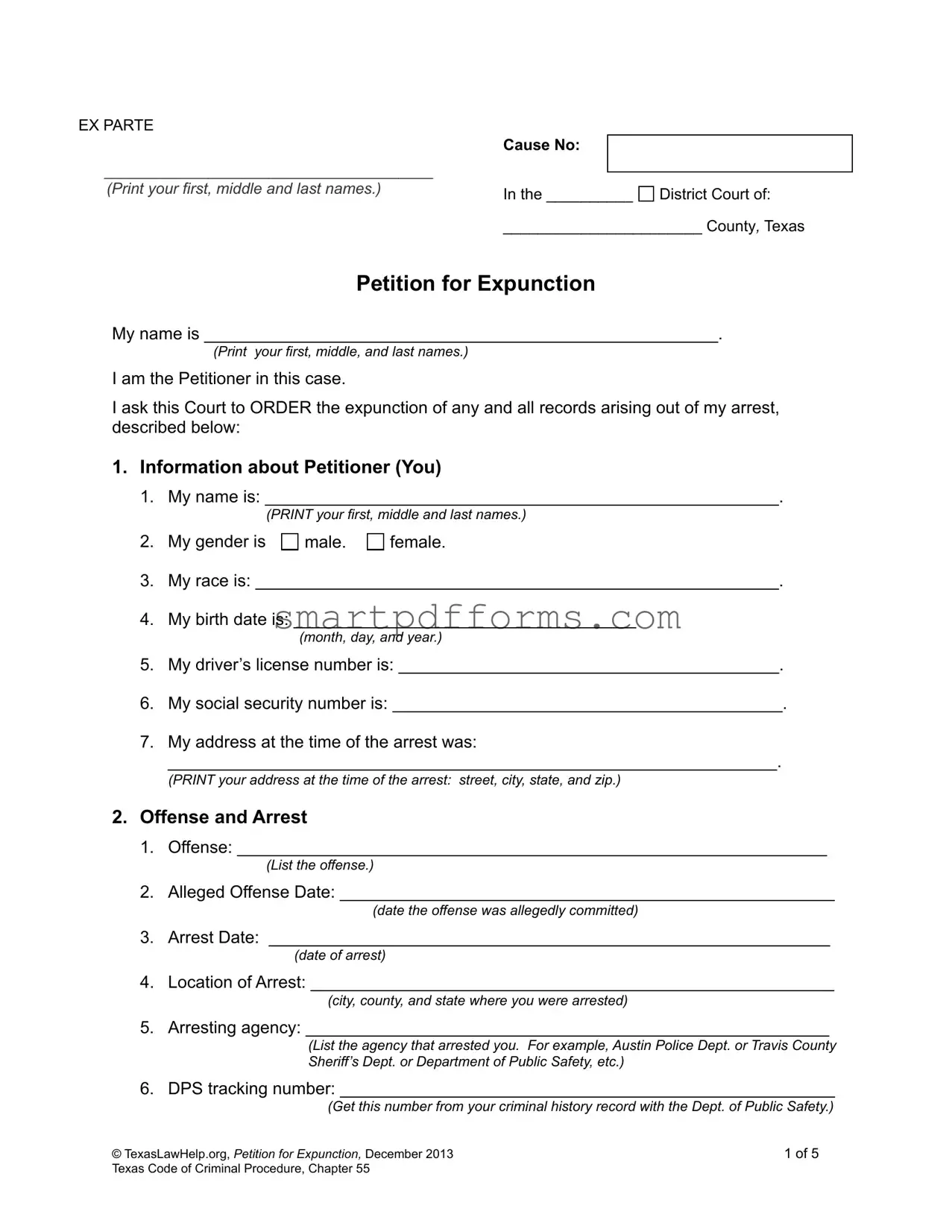 Blank Petition Expunction Texas PDF Template