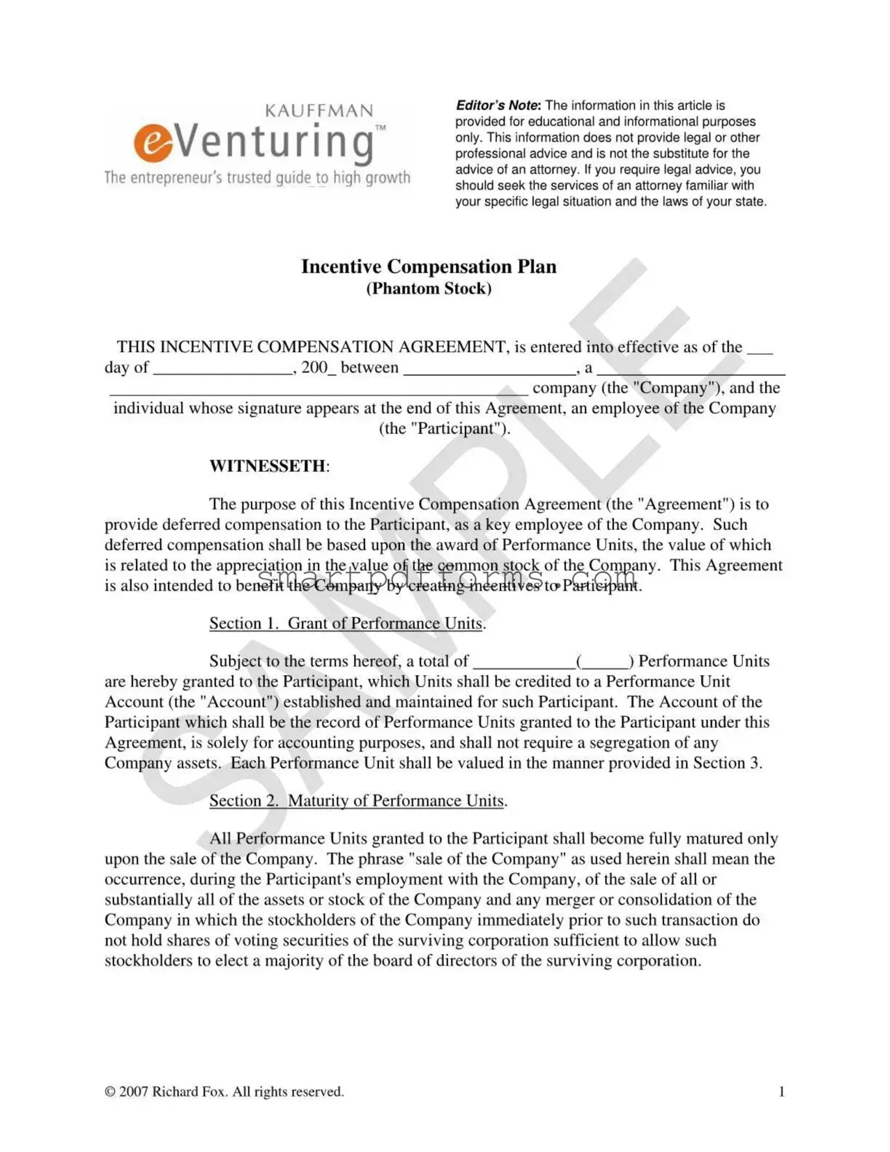 Blank Phantom Compensation Plan PDF Template