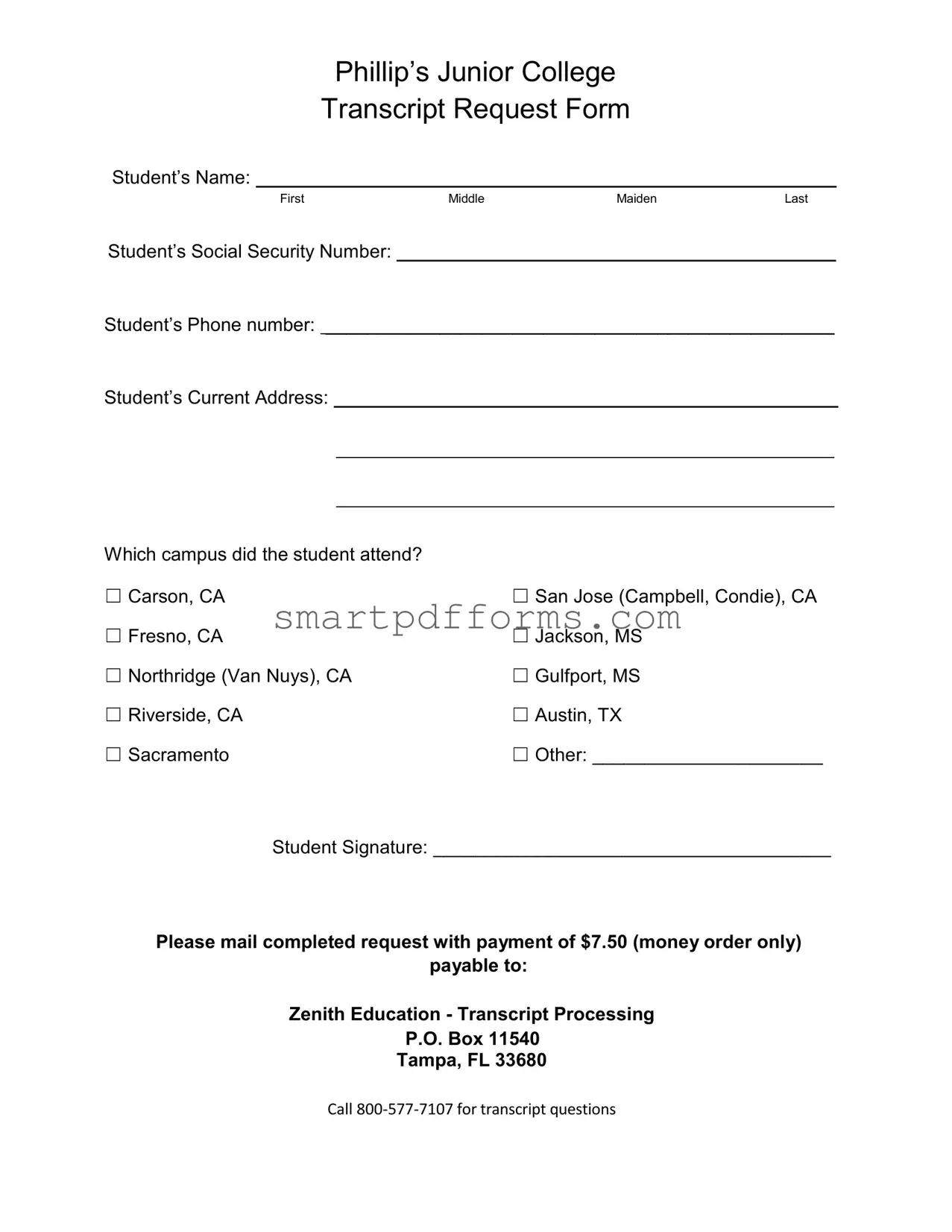 Blank Phillips Junior College Transcripts PDF Template