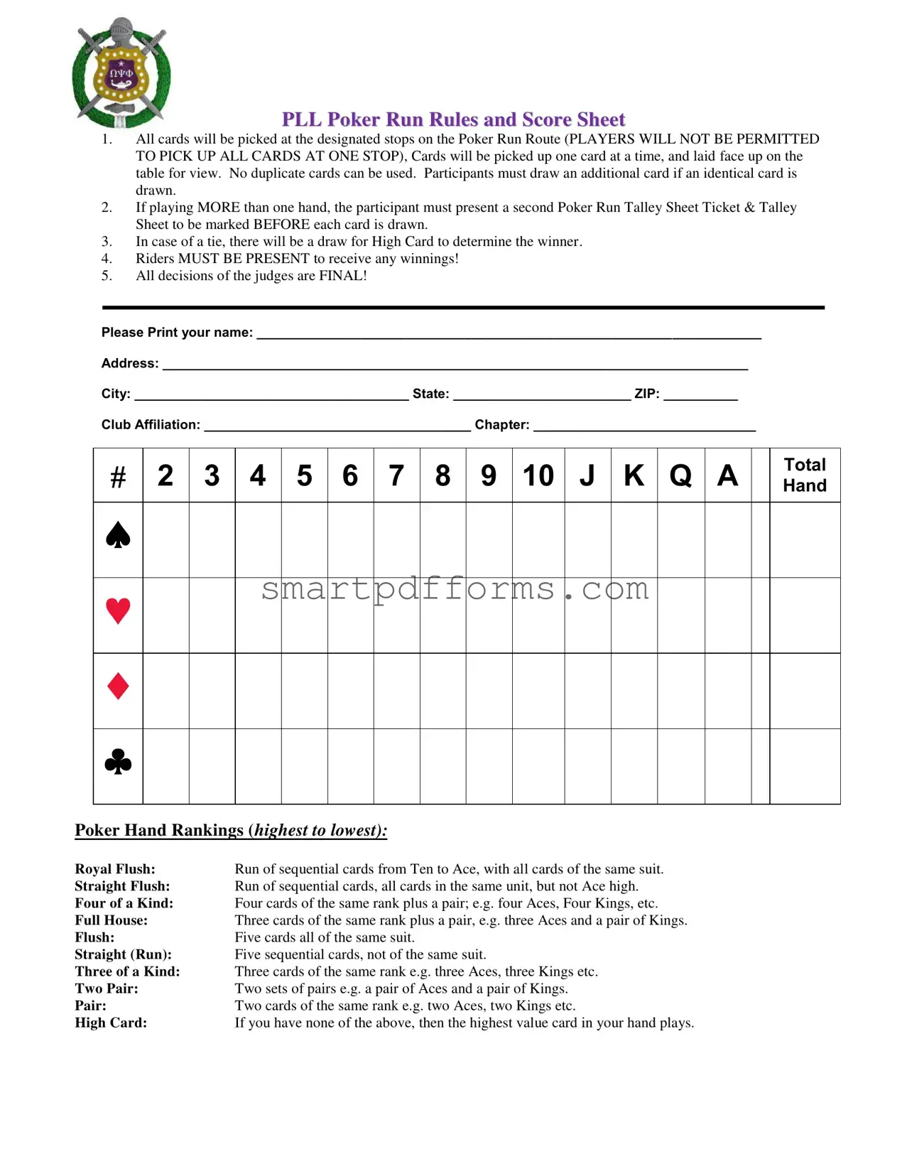 Blank Pll Poker Run Rules PDF Template