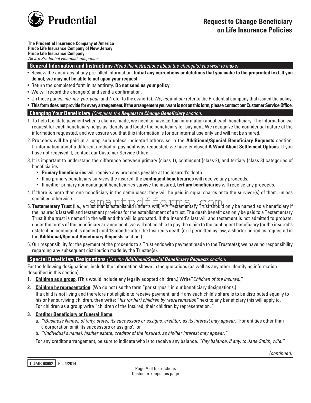 Blank Prudential Change Beneficiary PDF Template