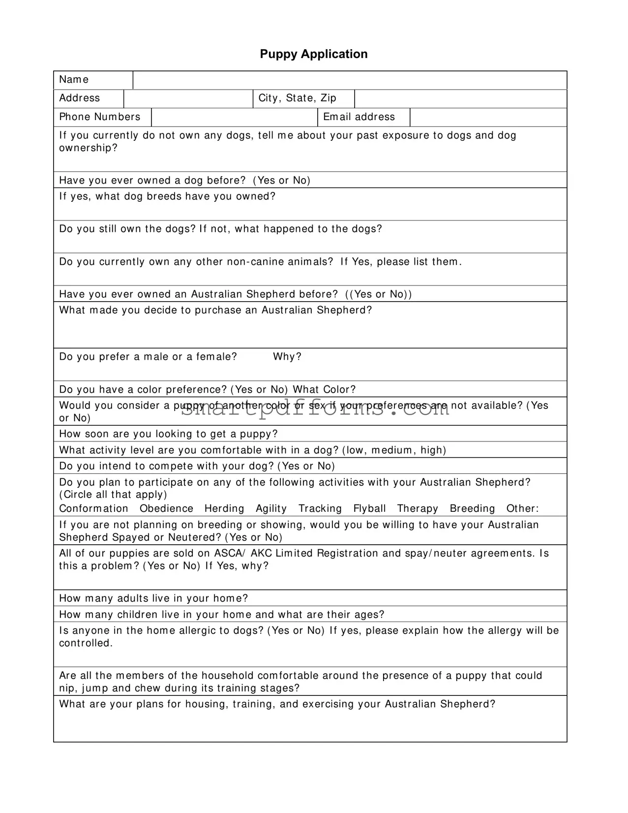 Blank Puppy Application PDF Template
