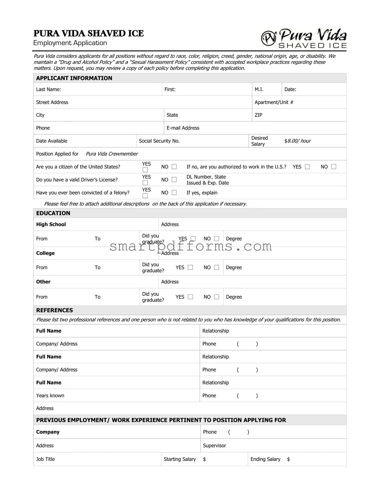 Blank Pura Vida Job Application PDF Template