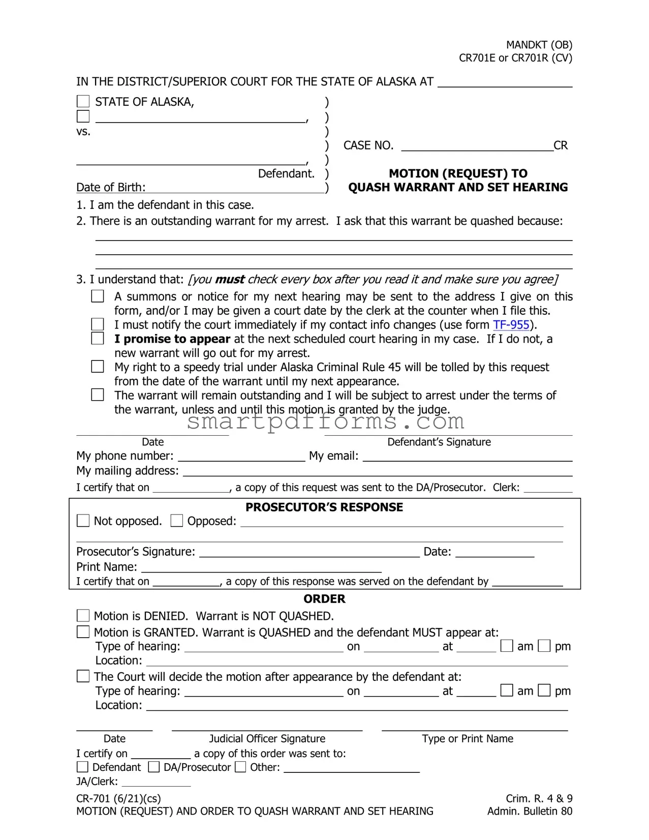 Blank Quash Warrant Request PDF Template