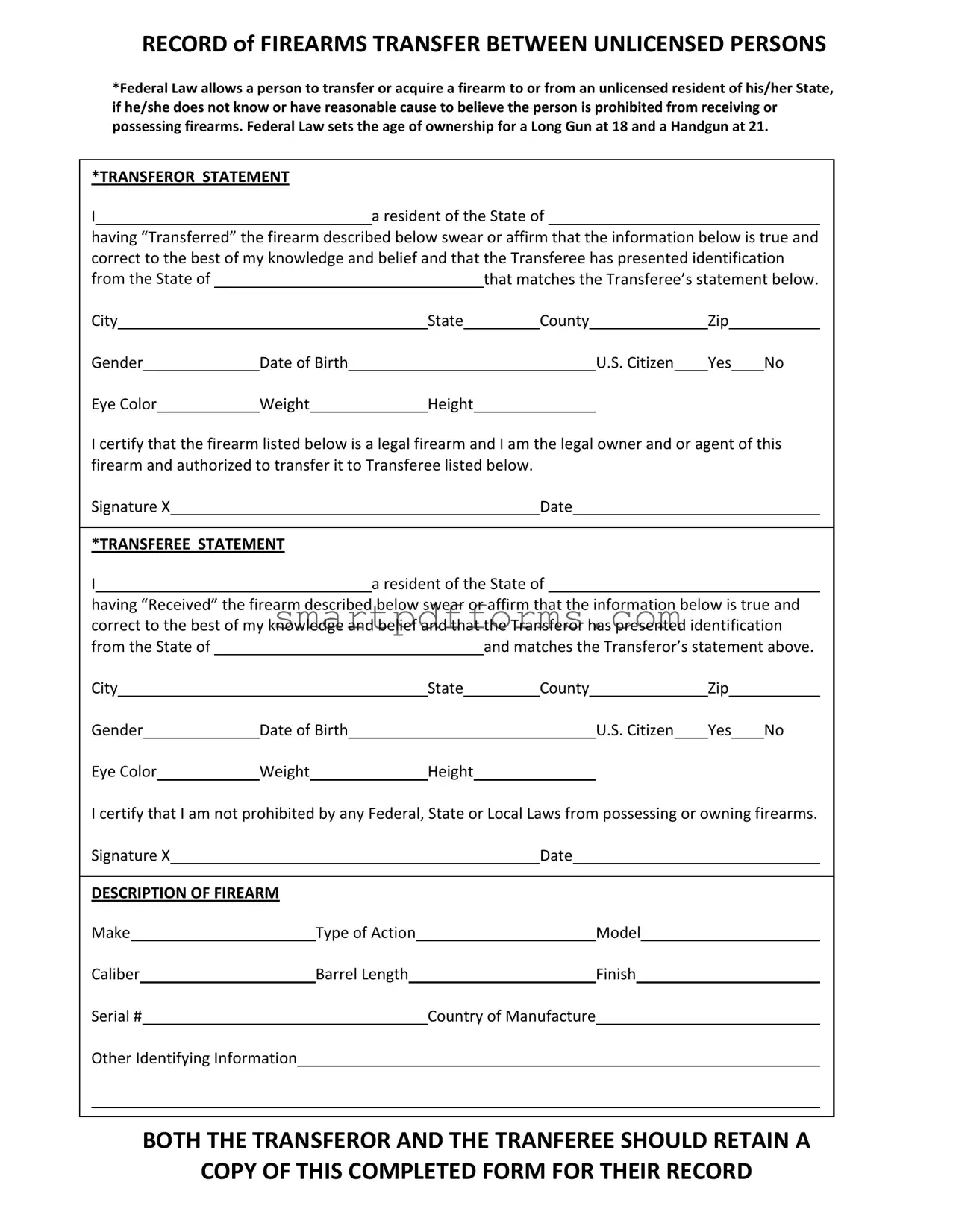 Blank Record Of Firearms Transfer PDF Template