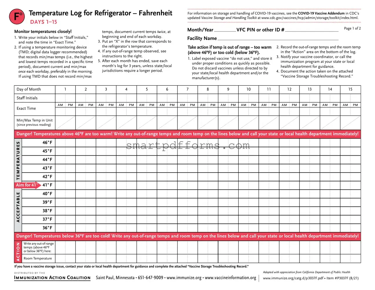 Blank Refrigerator Temperature Log PDF Template