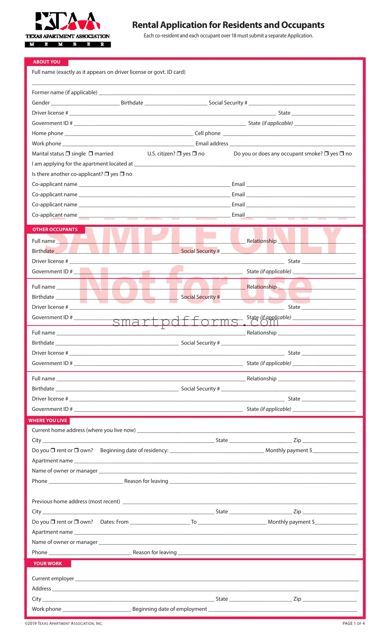 Blank Taa Rental Application PDF Template