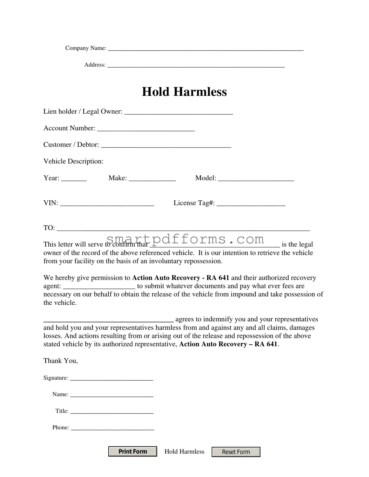 Blank Repo Order PDF Template
