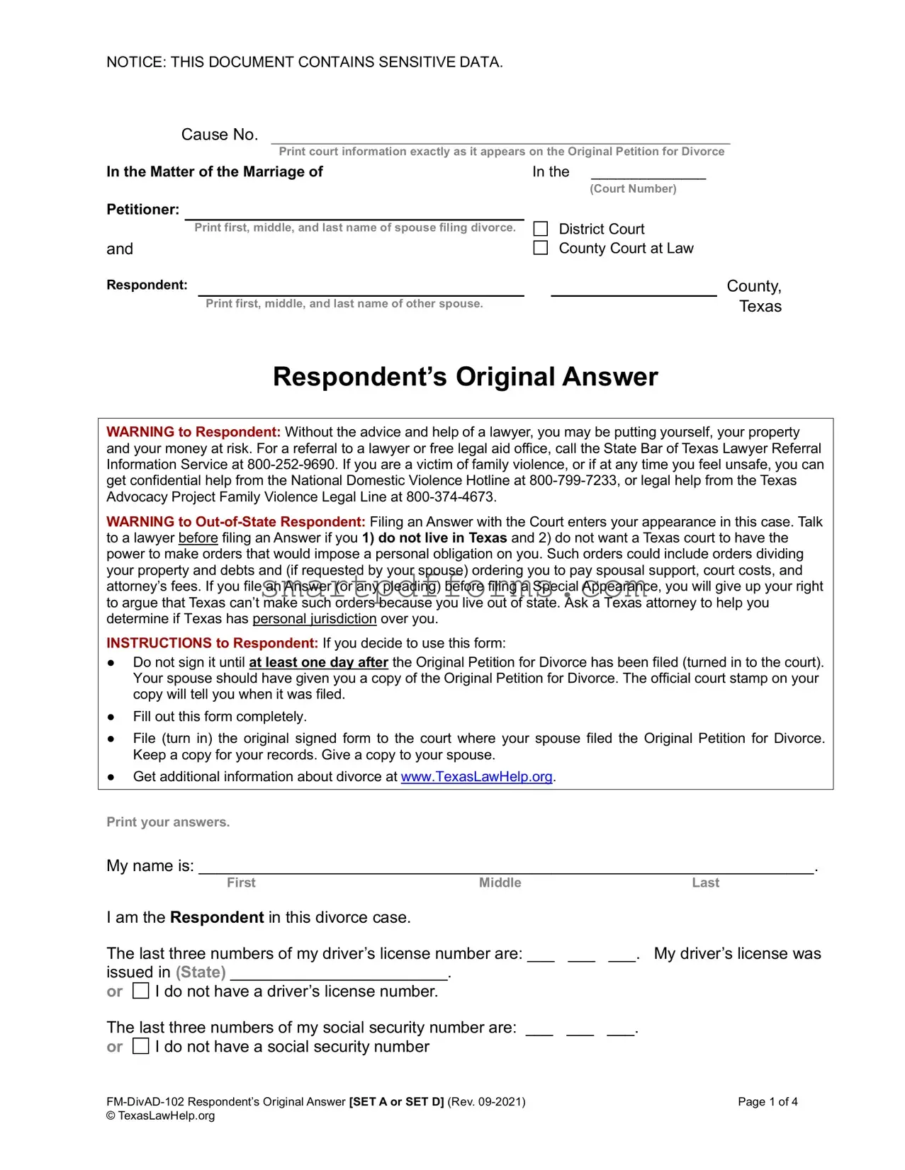 Blank Respondent's Original Answer PDF Template