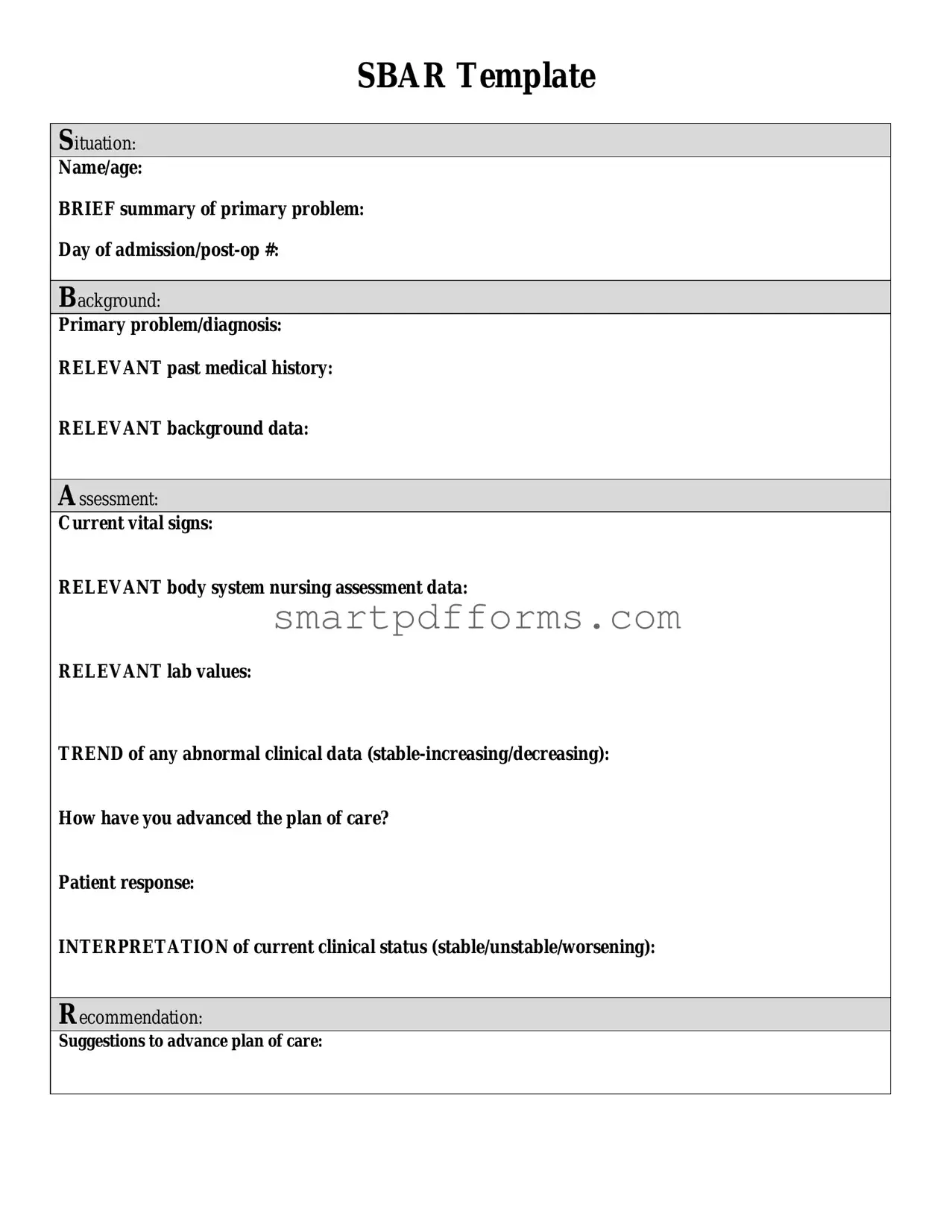Blank Sbar PDF Template